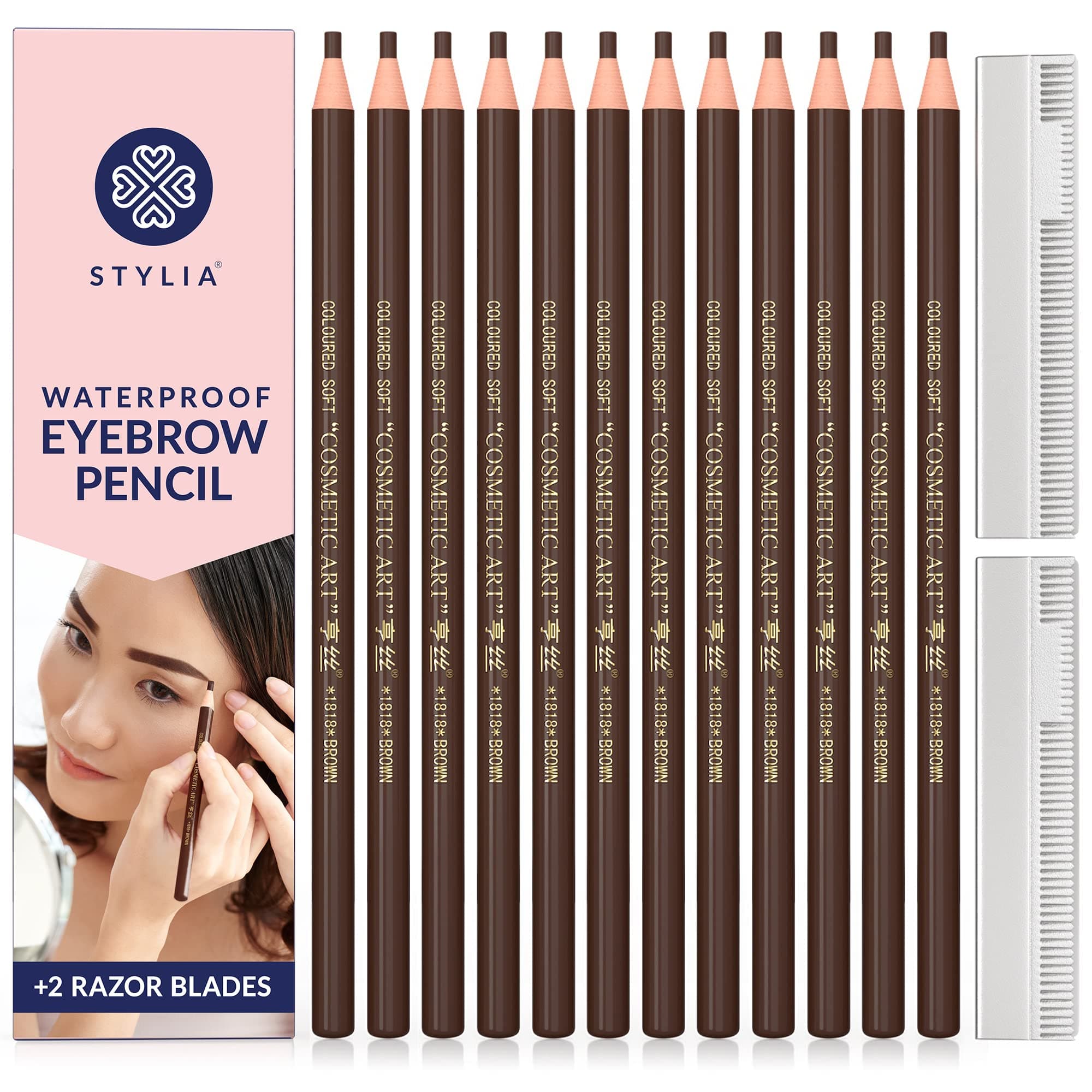 Stylia Waterproof Eyebrow Pencils For Women – Long-Lasting Microblading Supplies Brow Pencil, Perfect for Eyebrow Shaper, Filling & Defining Natural-Looking Brow - (12PC Brown)