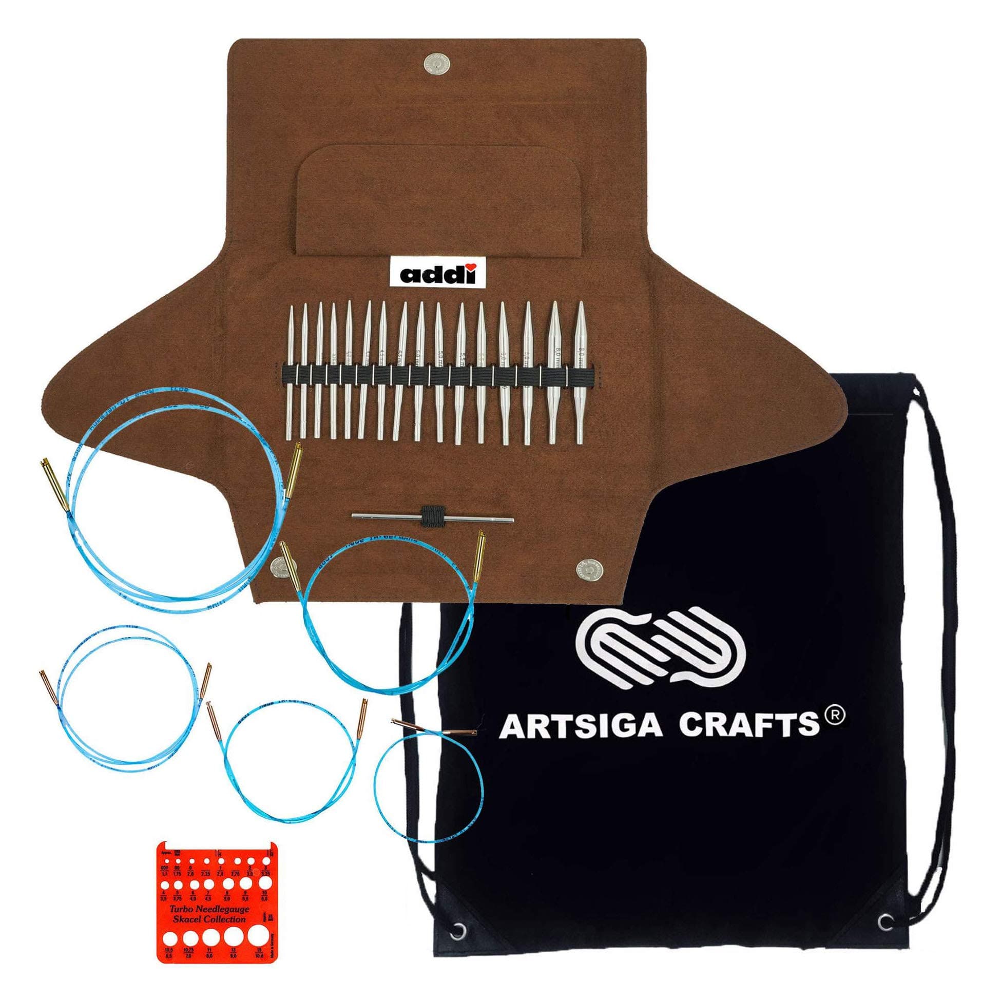Click Rocket Lace Short 3.5-Inch Interchangeable Circular Knitting Needle Set Sizes US 4, 5, 6, 7, 8, 9, 10 and 11 with 5 Blue Cords, Brown Canvas Case with Project Bag