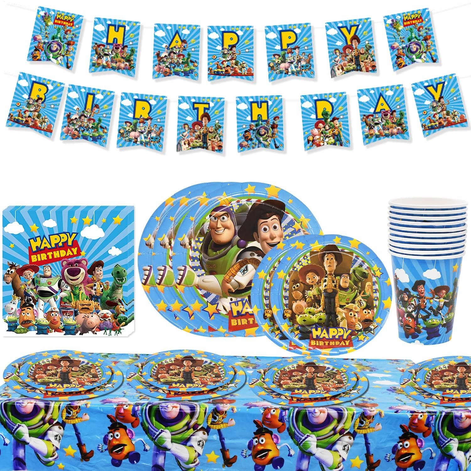 simyron Toy Story Themed Party Tableware Decoration 52PCS Buzz Lightyear kids Party Supplies Set Toy Story table supplies including party paper plates napkins cups tablecloth banner reusable