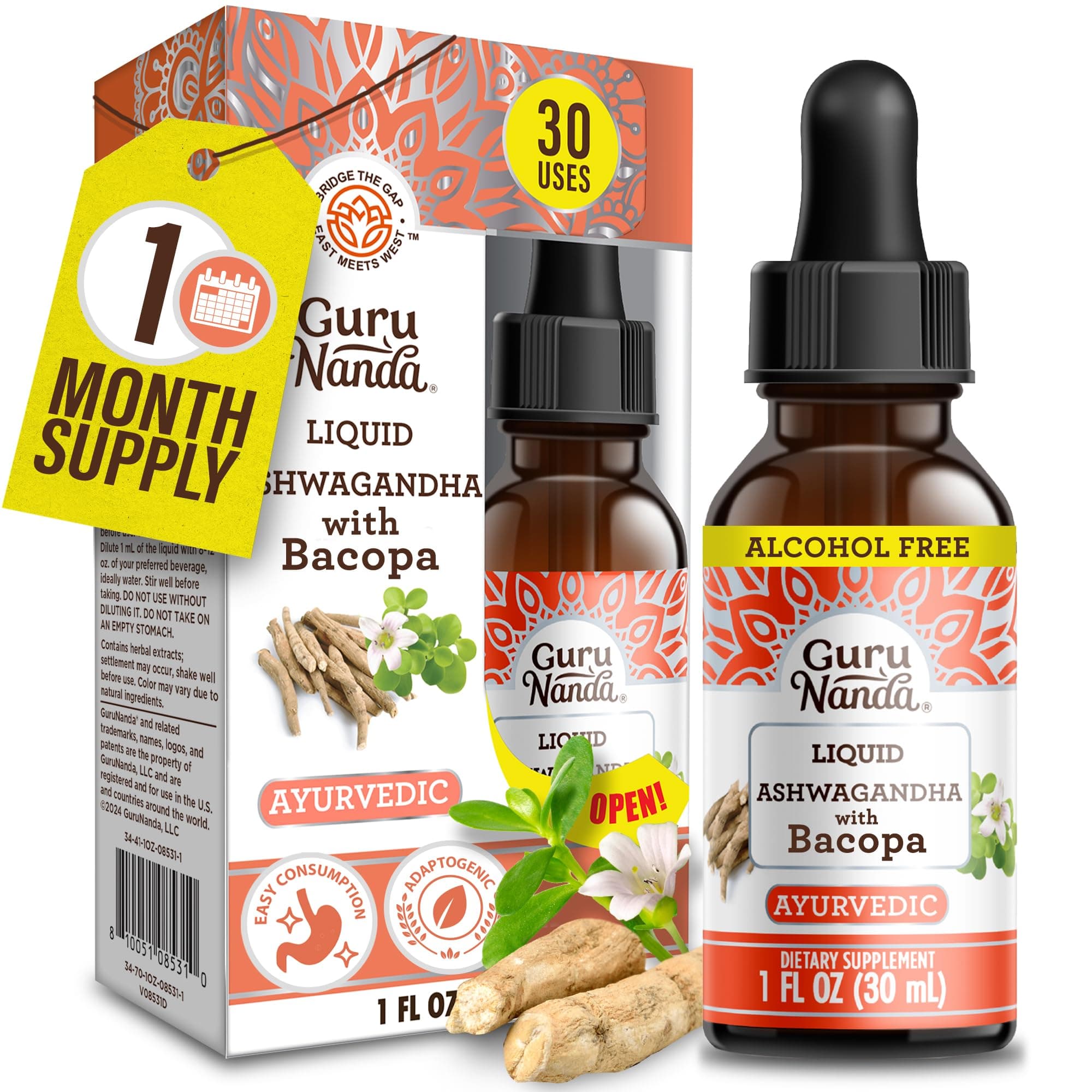 GuruNanda Liquid Ashwagandha with Bacopa (1 Fl Oz) - Natural Dietary Supplement- Liquid Extract Drops - for Men & Women- Vegan & Alcohol-Free - Aids in Immune, Focus & Relaxation Support