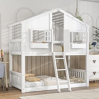 MERITLINE Twin Over Twin House Bunk Bed, Wood Floor Bunk Bed Frame with Roof, Window, Window Box & Door, Twin Bunk Bed for Kids Boys Girls Teens (White)