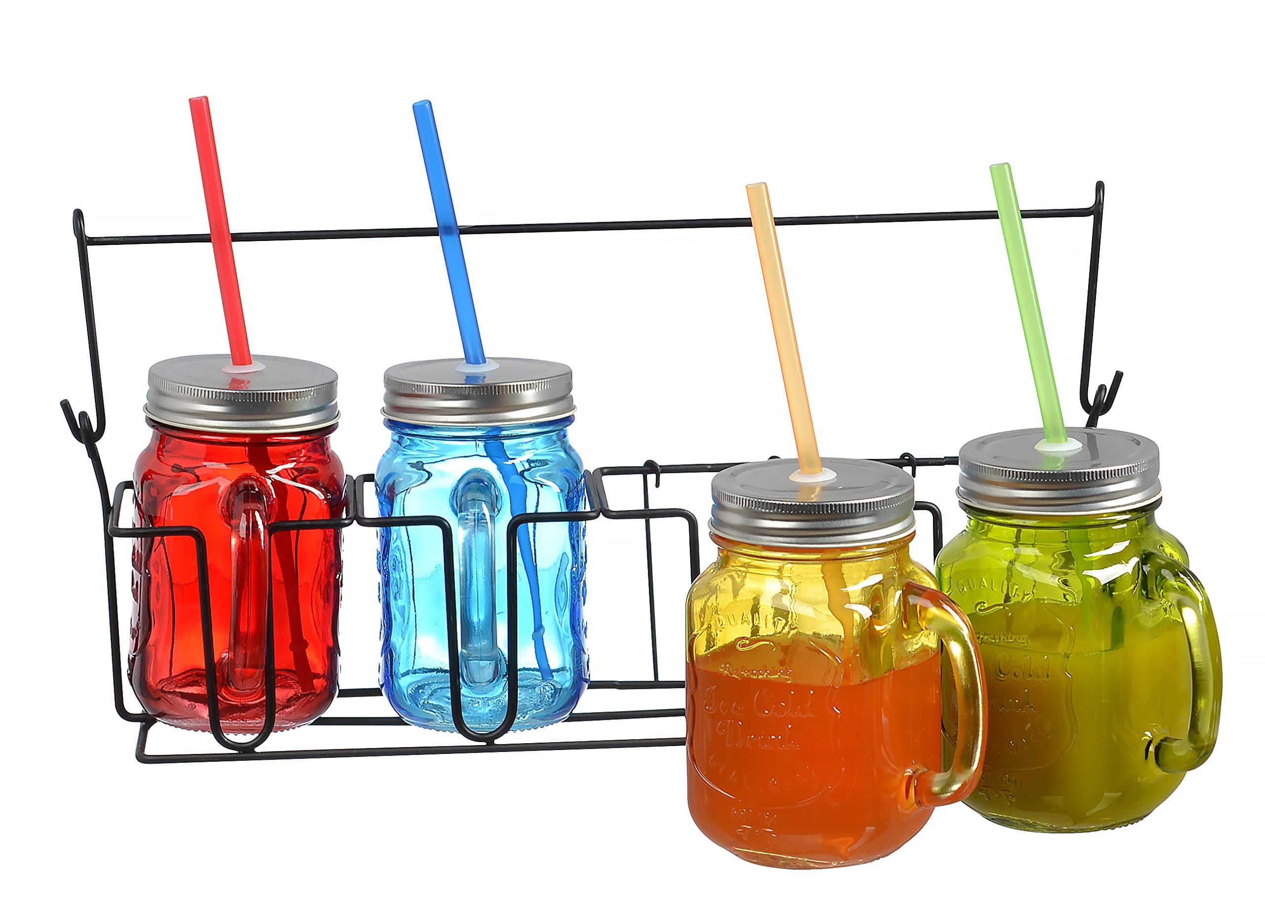 Zeesline Set of Four (4) 16-oz Colored Glass Mason Jars Mugs with Handles, Lids and Drinking Straws, Including Caddy Holder with a Handle, Home and Party Drinkware Set, Blue Red Green Yellow Drinking Jars