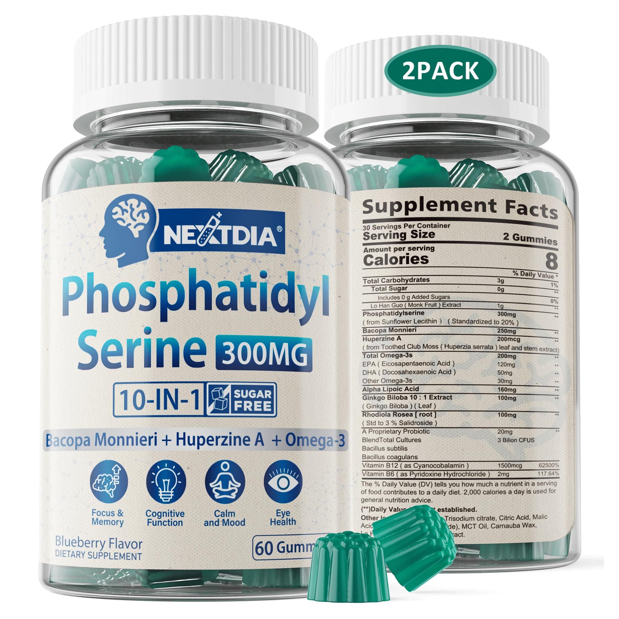Sugar Free Phosphatidylserine Supplement 300mg, 10 in 1 Formula w/Bacopa Monnieri, Omega 3, Huperzine A for Memory, Focus & Cognition, Brain Gummies for Adults & Elderly (60 Counts (2 Pack))