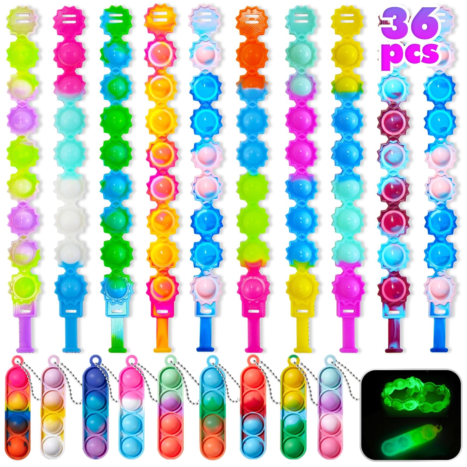 TOANWOD 36Pcs Party Bag Fillers for Kids: Fidget Toys Party Favours Lucky Dip Prize - Poppet Keyring Bracelets Pinata Fillers - End of Year Class Gifts Stocking Fillers for Unisex Boys Girls