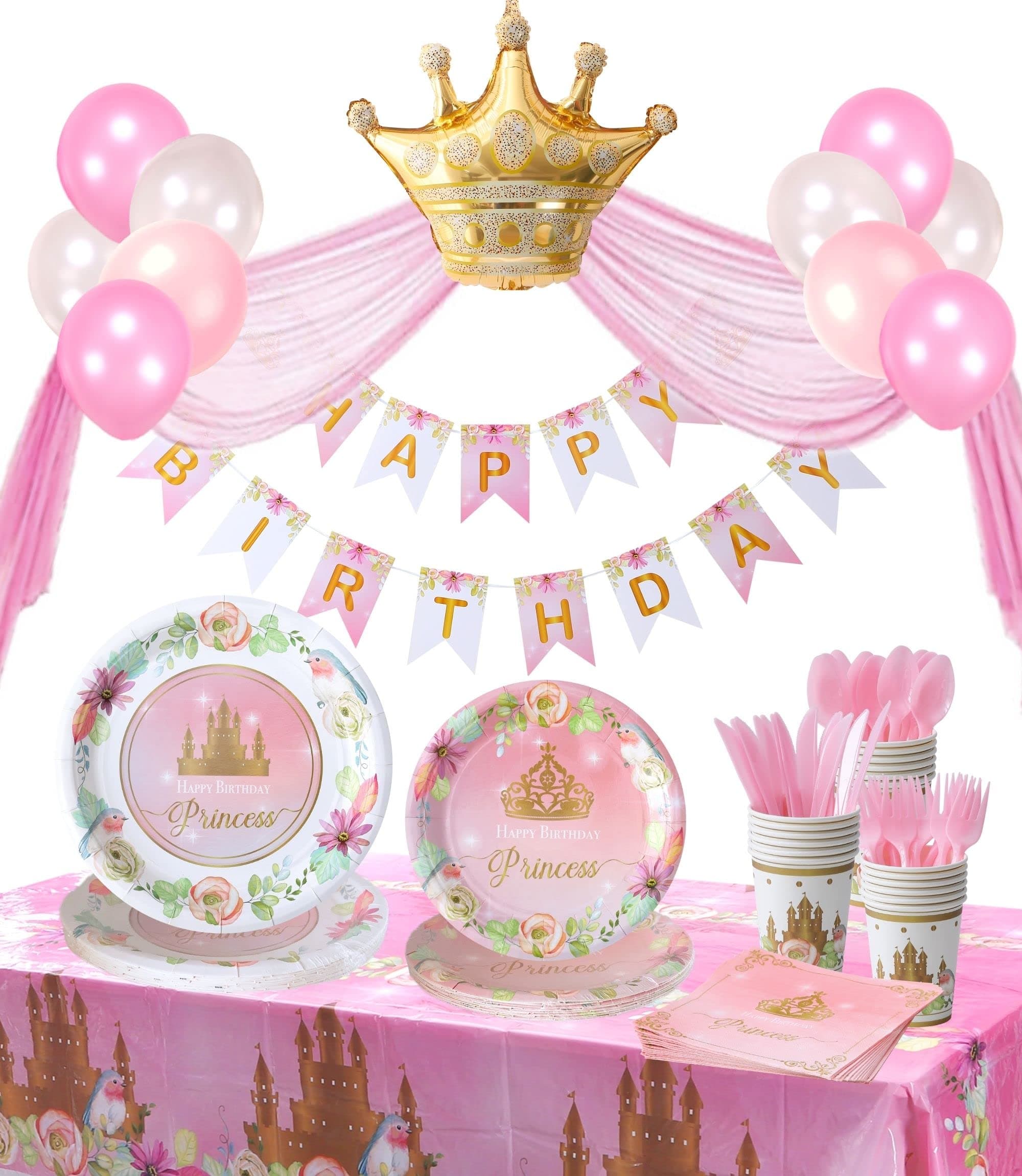 Princess Plates and Napkins Party Supplie - Serves 16 - Princess Birthday Decorations Includes Paper Plates Cups Napkins Cutlery Balloons Banner Tablecloth Party Favor Décor Idea