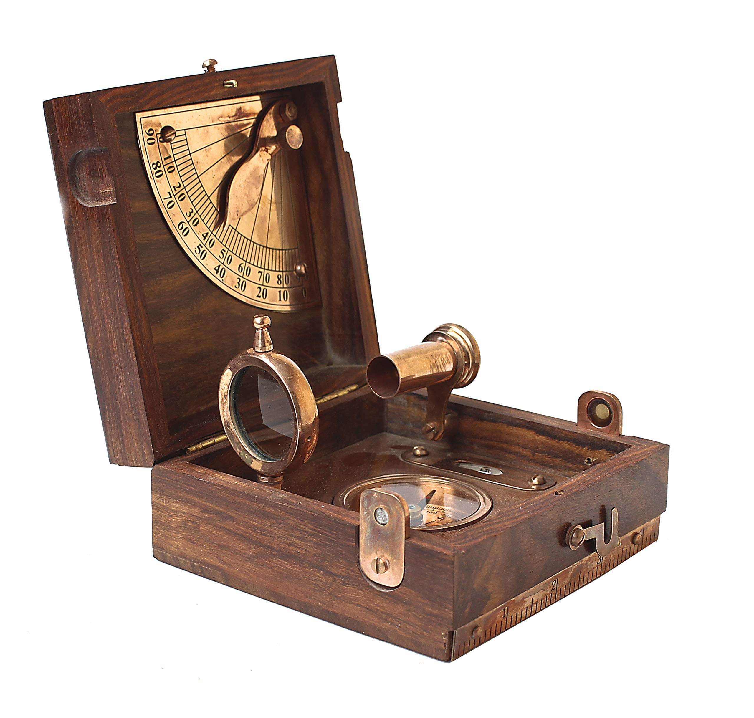 ONLINE SHOPPERS DELIGHT LTD Vintage Six Instrument Marine Master Box - Nautical Compass with Telescope, Scale, Chart, Spirit Level, Alidade - Maritime Unique Wooden Box