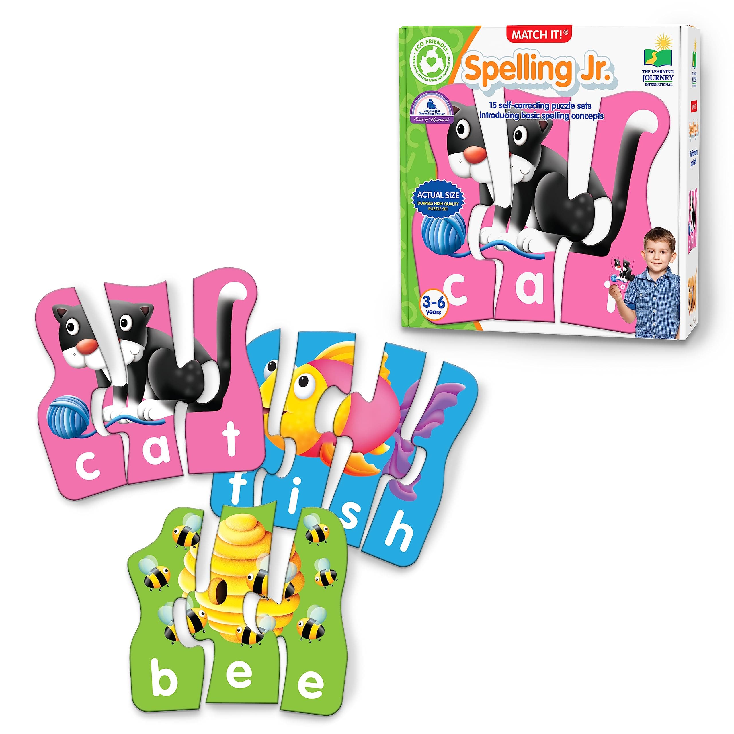 Match It! Spelling Jr. - 15 Piece Self-Correcting Spelling Puzzle for Three and Four Letter Words with Matching Images - Word Puzzles for Kids Ages 3-5 - Award Winning Toys