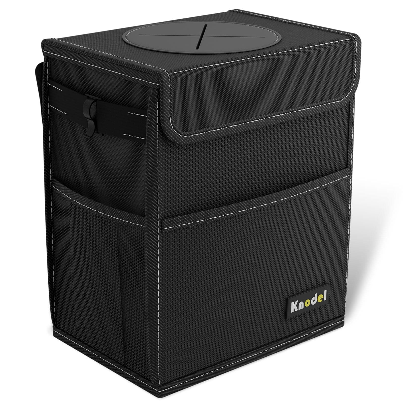 K KNODEL Car Bin With Lid - Foldable and Waterproof for Tidy Use, Adjustable Straps and Multiple Pockets (Medium, Black)