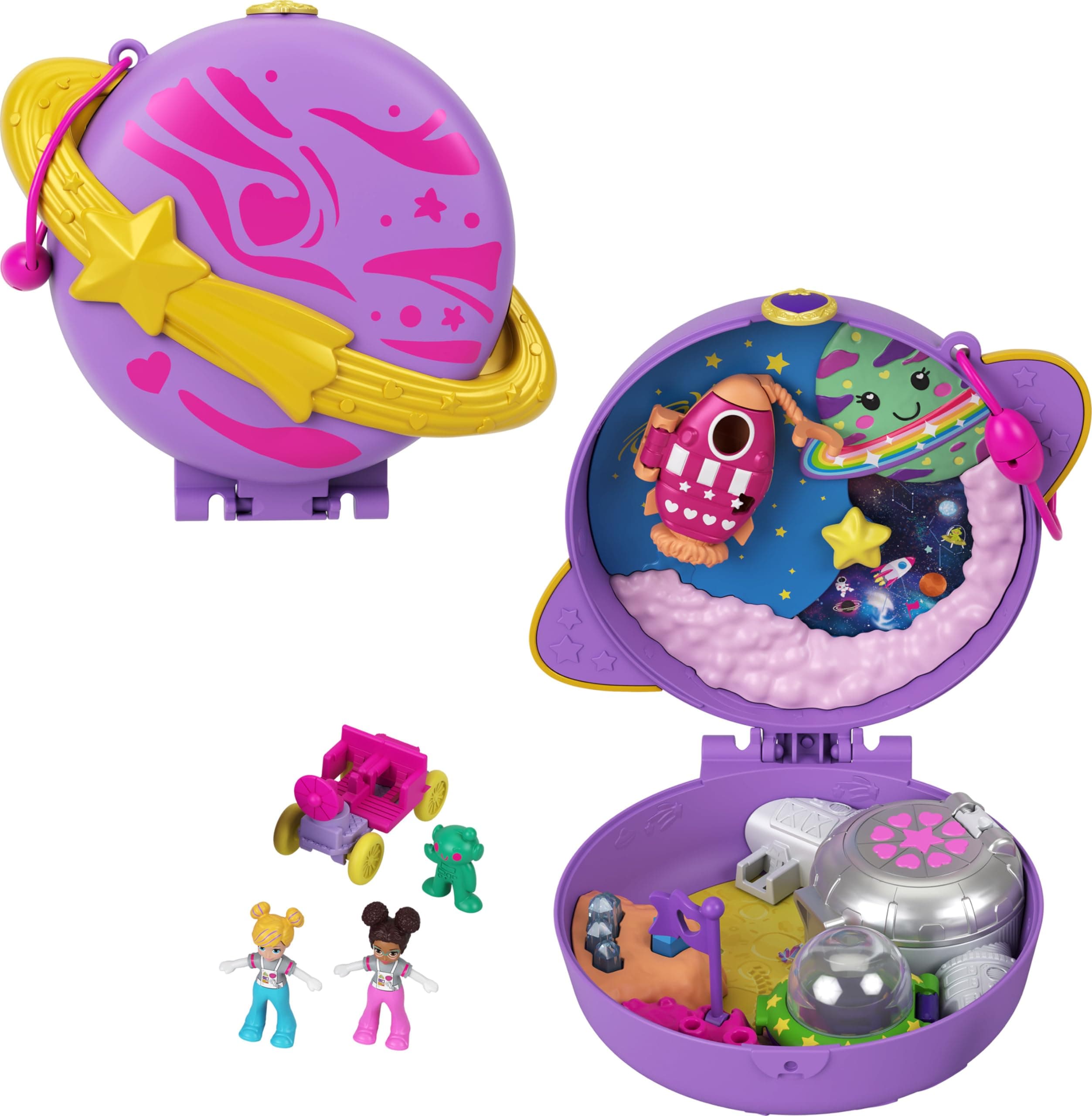 ​Polly Pocket Saturn Space Explorer Compact with Fun Reveals, Micro Polly and Lila Dolls, Lunar Vehicle, Alien Figure & Sticker Sheet; For Ages 4 Years Old & Up
