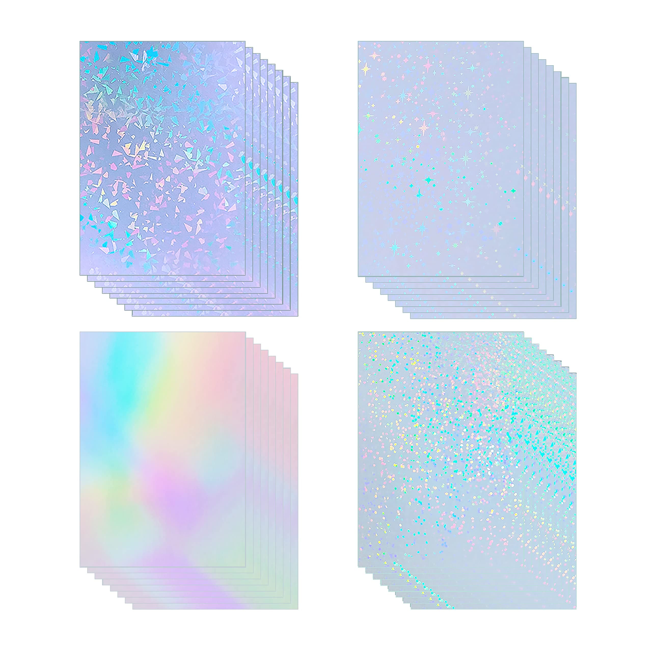 32 Sheets Holographic Sticker Paper Clear Vinyl Self Adhesive Waterproof Rainbow Transparent Overlay Film A4 Size Holographic Overlay with 4 Styles Mixed