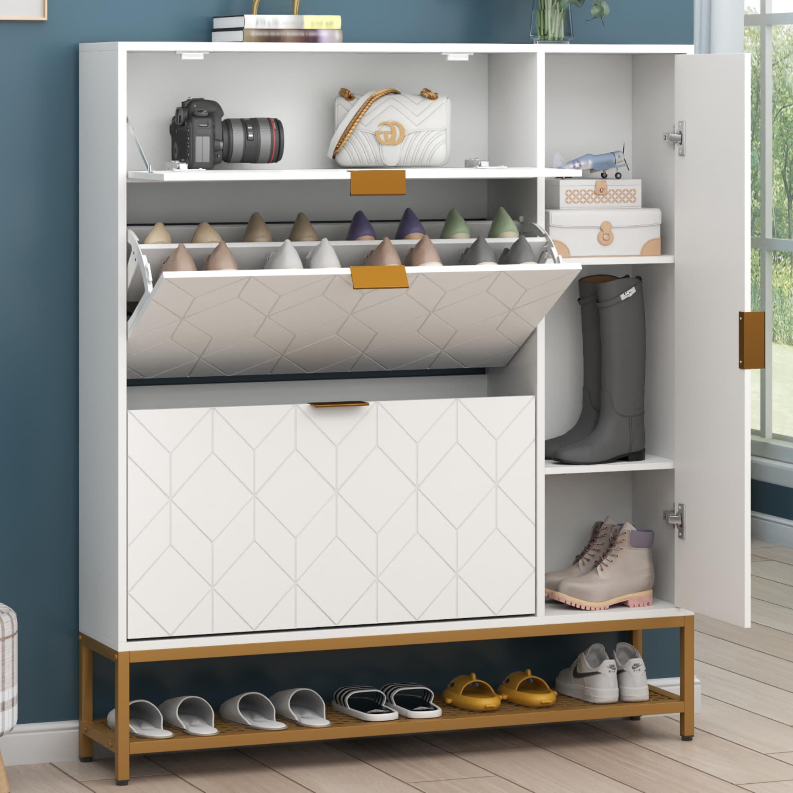 LoomieShoe Cabinet,Freestanding Tipping Bucket Shoe Rack Organizer with 2 Flip Drawers,Entryway Narrow Shoe Storage with Adjustable Storage Shelf &Top Cubby,Modern Slim Hidden Shoe Cabinet, White