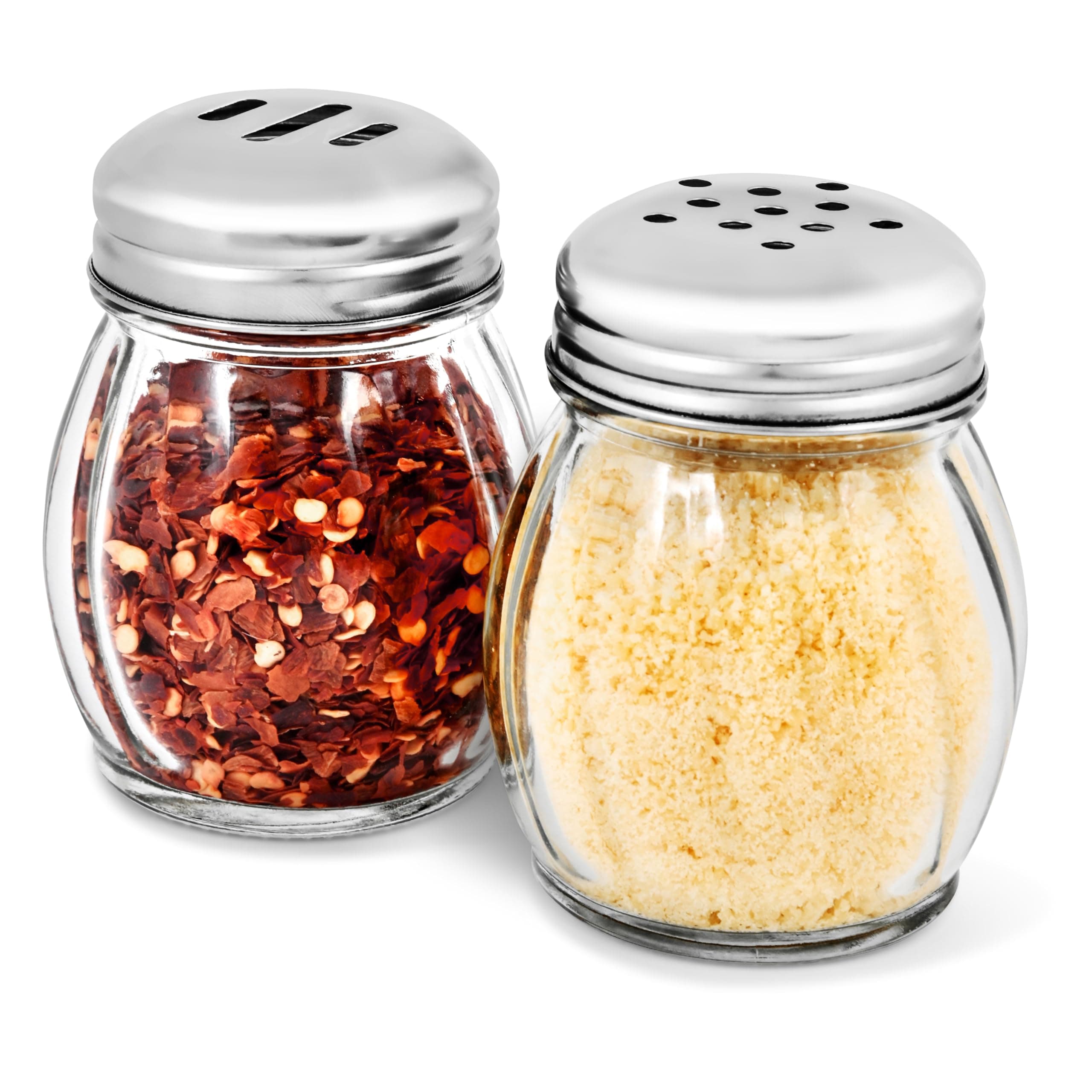 6-Ounces Glass Spices Shaker With Perforated Stainless Steel Top And Parmesan Cheese Shaker With Slotted Stainless Steel Top/Set of 2/Bulk Swirl Retro Style Dispensers With Lids/Salt & Pepper Shakers