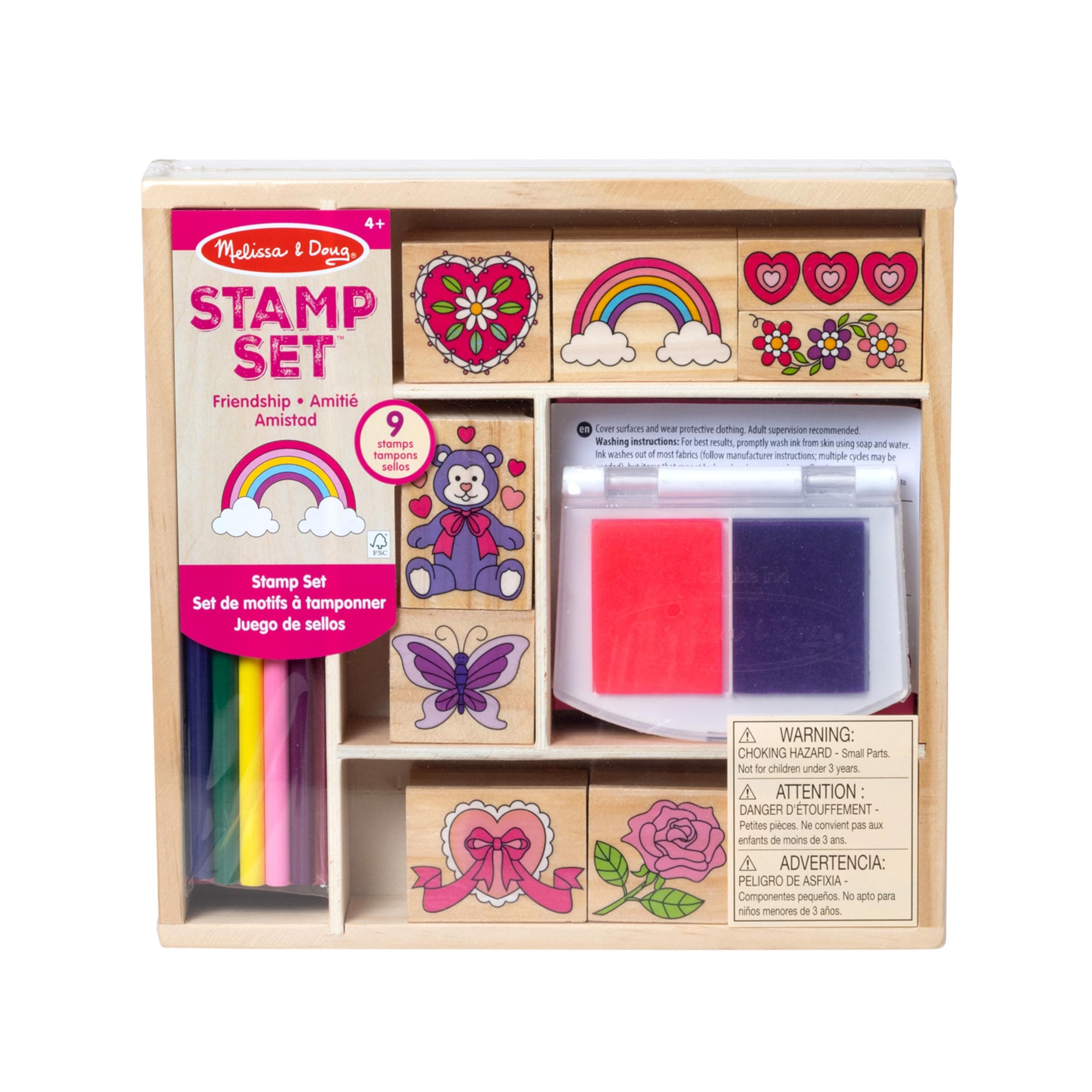Melissa & Doug Wooden Stamp Set: Friendship - 9 Stamps, 5 Colored Pencils, and 2-Color Stamp Pad - FSC Certified