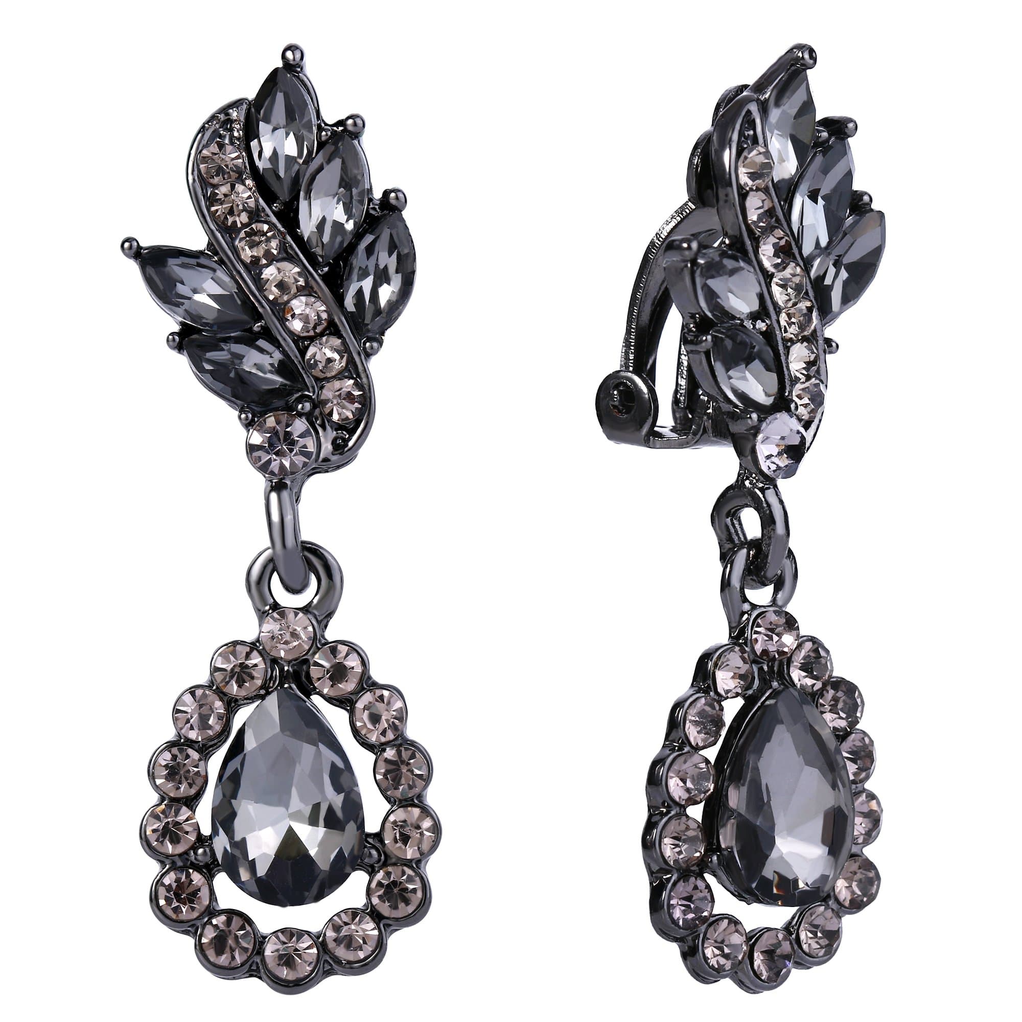 Women's Austrian Crystal Art Deco Tear Drop Dangle Earrings Clip-on