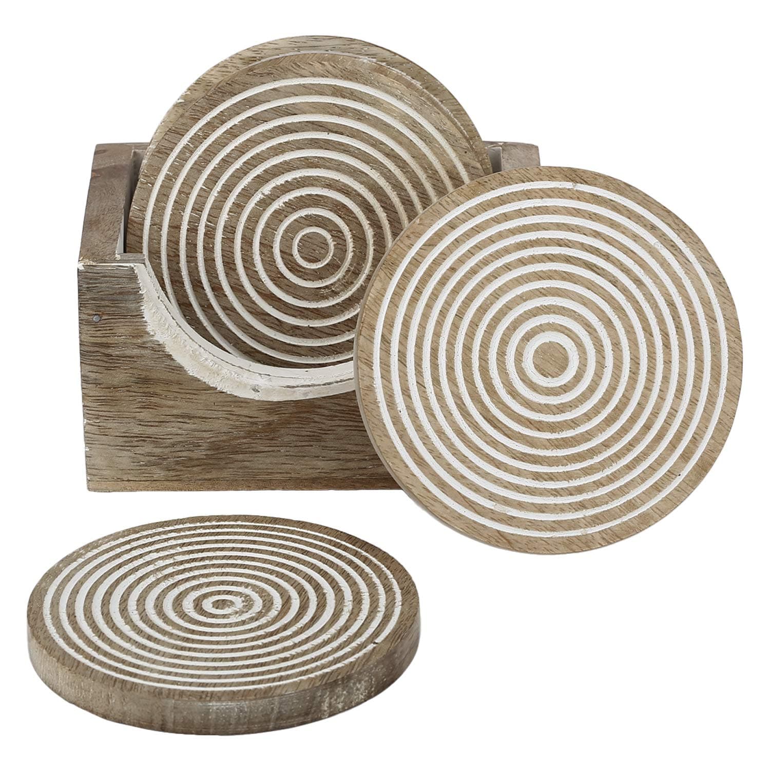 Round Wooden White Coaster Set of 6 with Stand Rustic