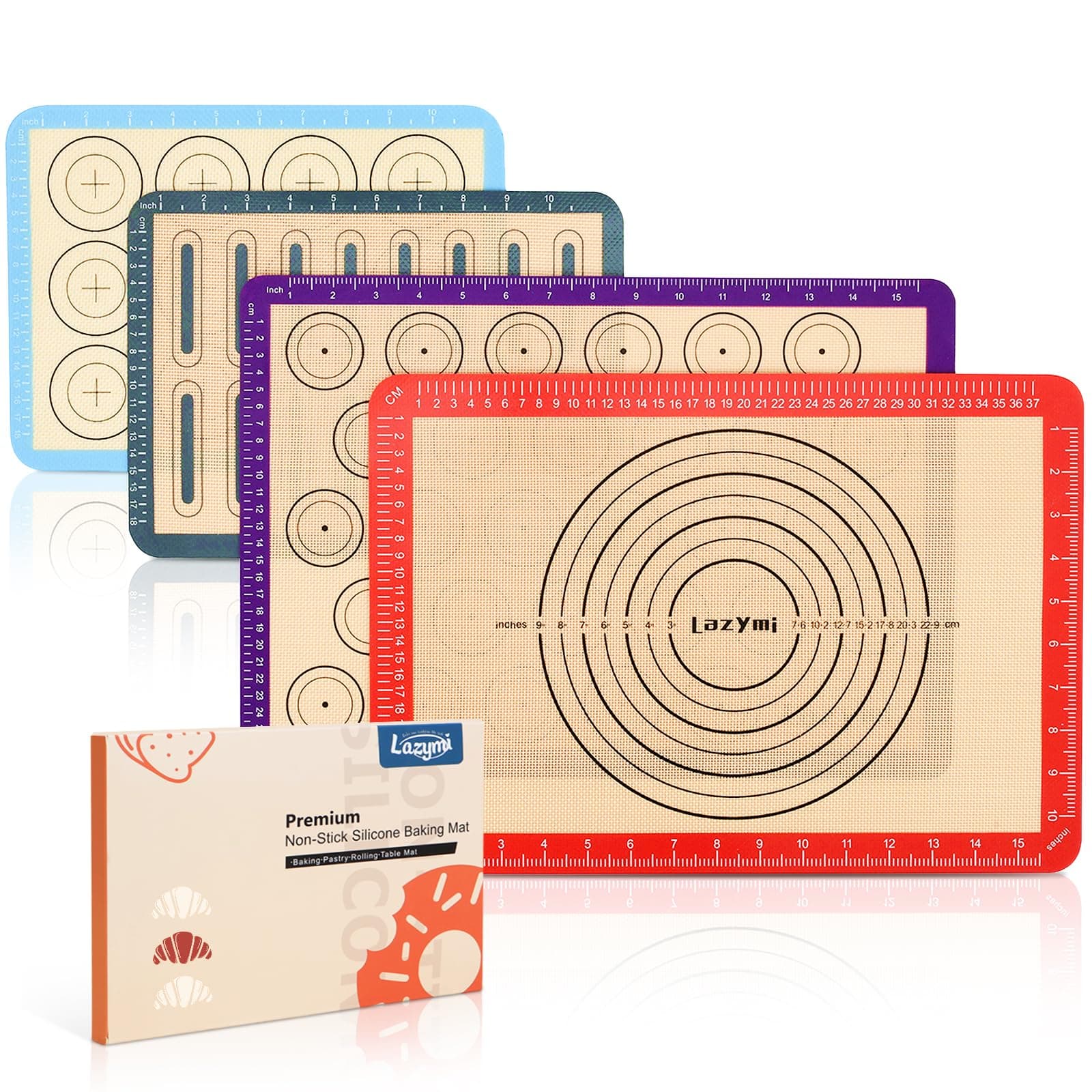 4 Piece Set Silicone NonStick Baking Mats Sheet with Measurement-Resuable Non-Slip Tray Liners, Pastry/Macaron/Cake/Cookie/Bread Making, Fit for Table Mat Counter Mat (Red, Purple, Blue, Grey)