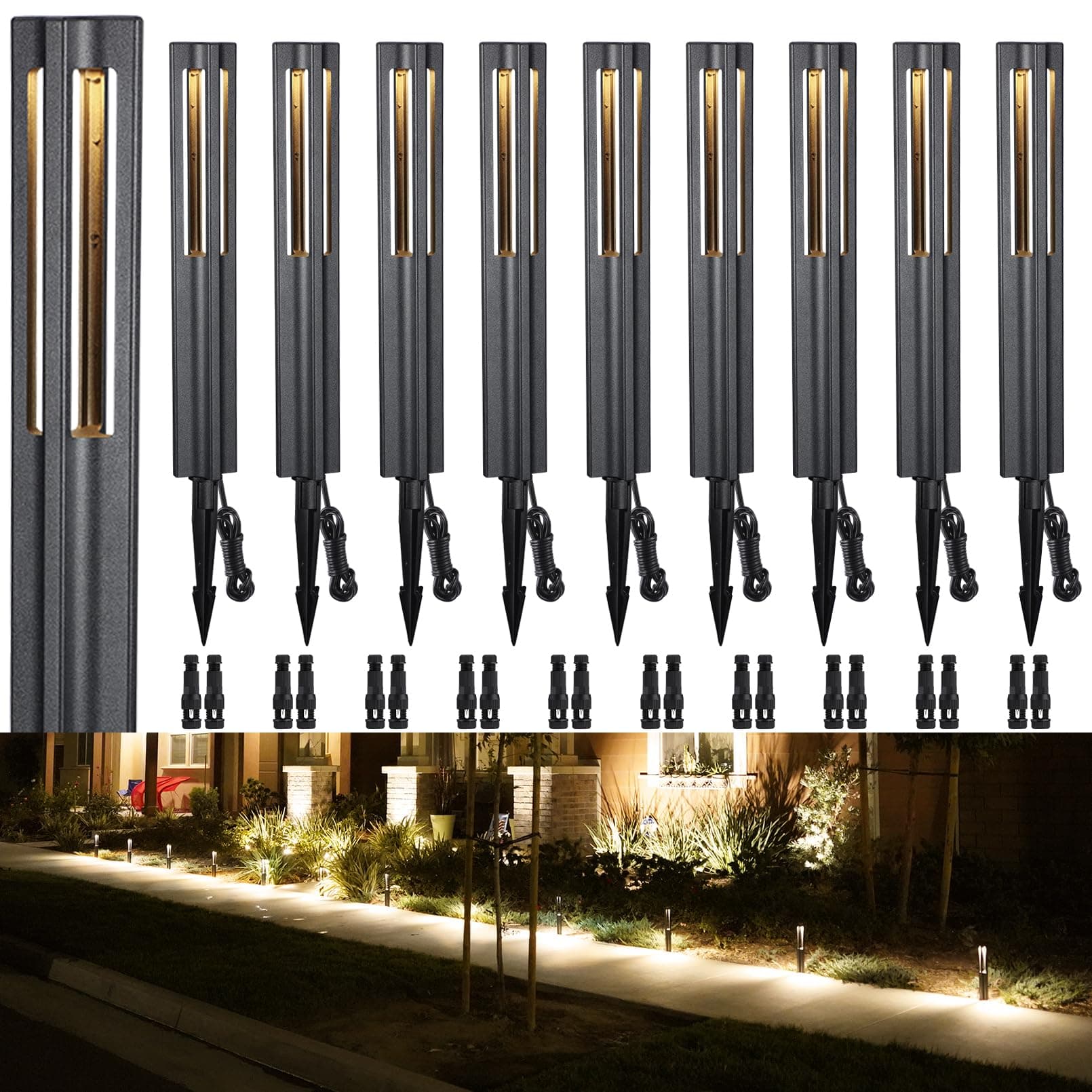 LEONLITE 10-Pack Low Voltage Landscape Pathway Lights, LED Bollard Path Lights, 3W Outdoor Landscape Lighting for Driveway, Garden, Aluminum, 12-15V AC/DC, IP65 Waterproof, 3000K Warm White, Black