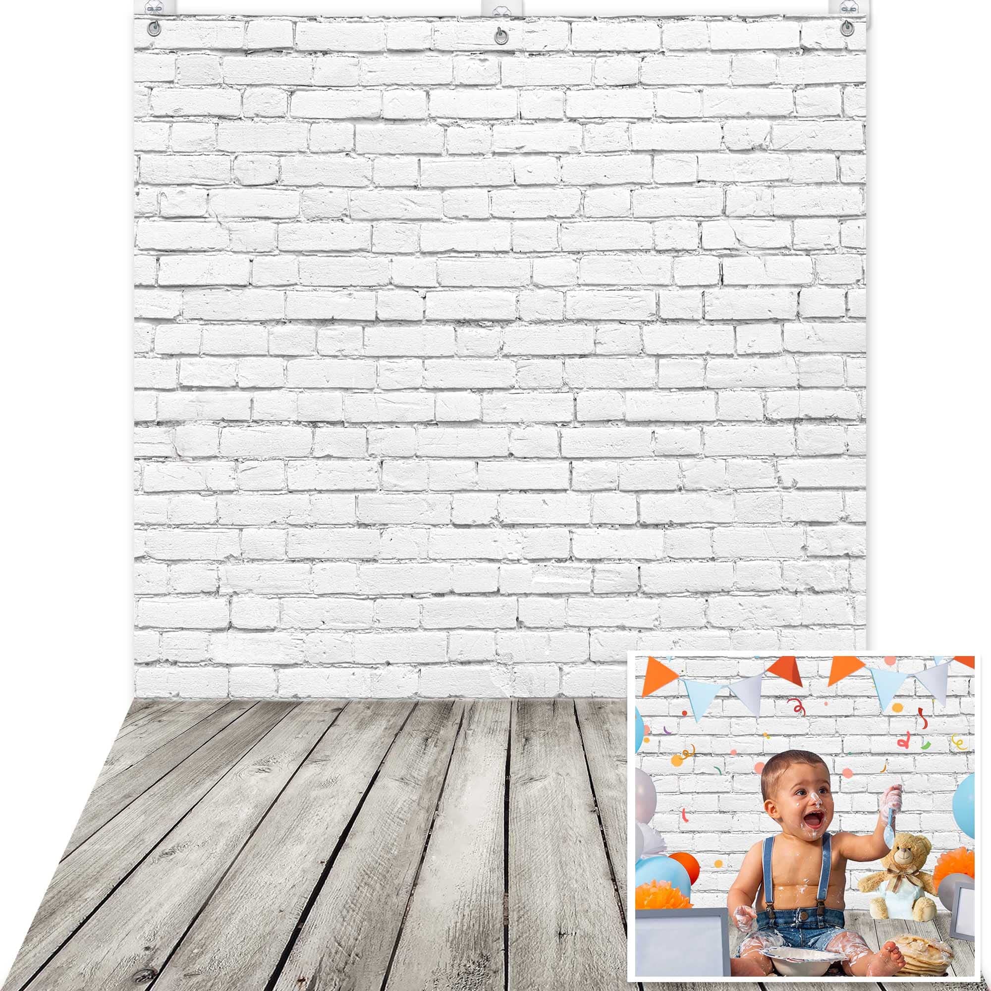 Polyester 5x7.7FT White Brick Wall with Wooden Floor Photography Backdrop with 3 Hooks for Baby Shower Newborn Portrait Photo Background Shoot Props