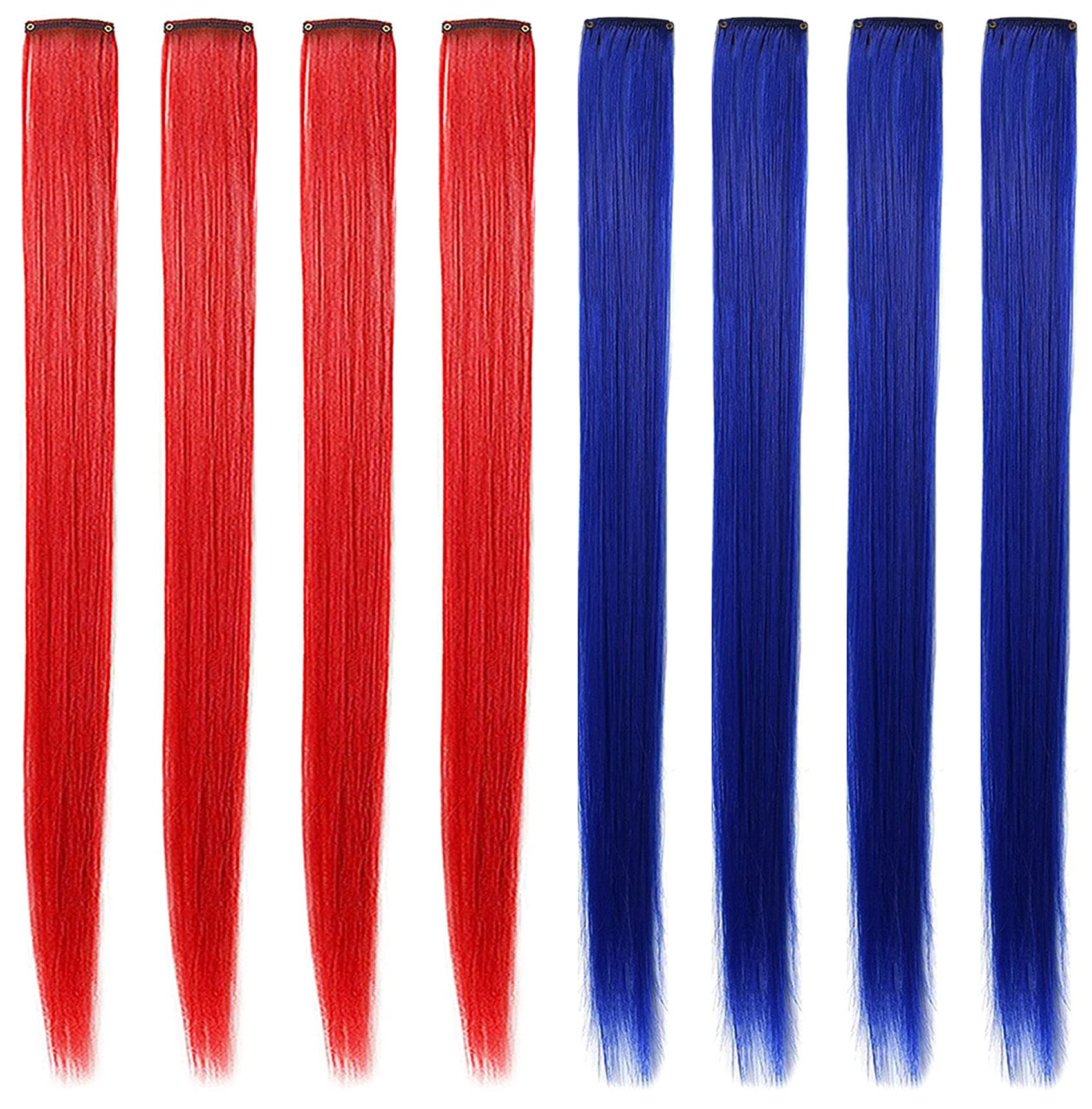 Multi-Colors Hair Etensions Party Highlights Straight Clip in/on Colored Hair Streak Synthetic Hairpieces 8 Pieces (Blue Red)