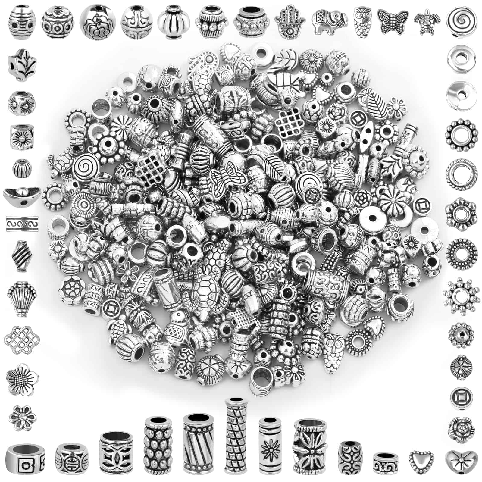 350 Pcs Silver Spacer Beads for Jewelry Making, Mixed Bulk Random Styles Metal Beads for Bracelets, Necklace, Earring Jewelry Making