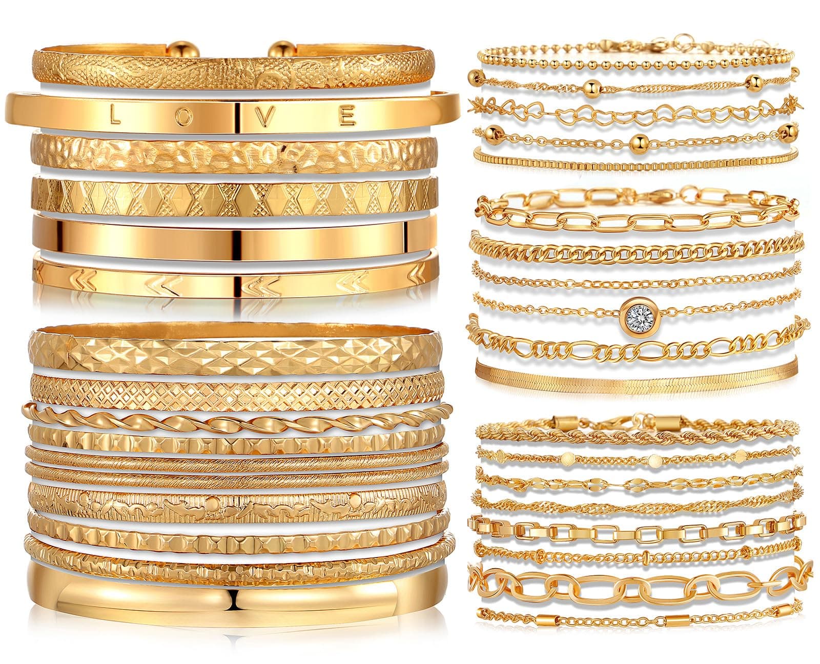 6 PACK (24 PCS) Boho Gold Chain Bracelets Set for Women, 14K Gold Plated Multiple Layered Stackable Open Cuff Wrap Bangle Adjustable Link Italian Cuban Jewelry for Women Gift