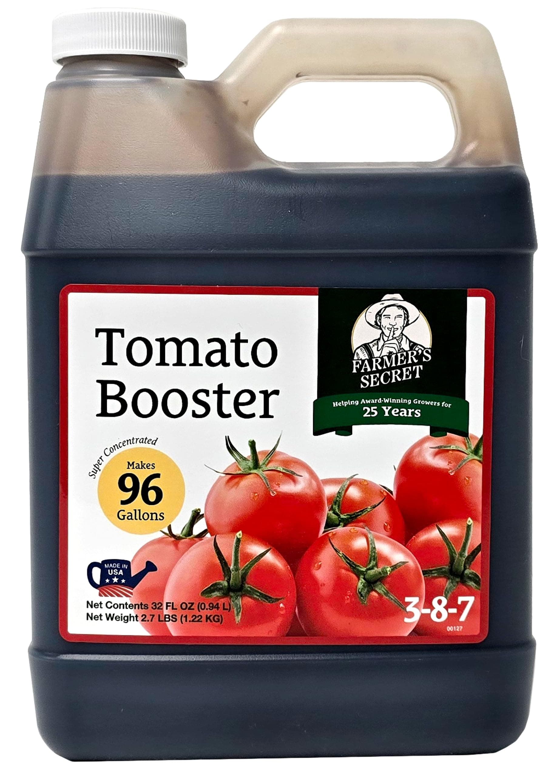 Farmer's Secret Tomato Booster Fertilizer (32oz) - Super Concentrated - 3:8:7 Ratio Fortified with Humic Acid, Iron and Calcium - Grow More Tomatoes