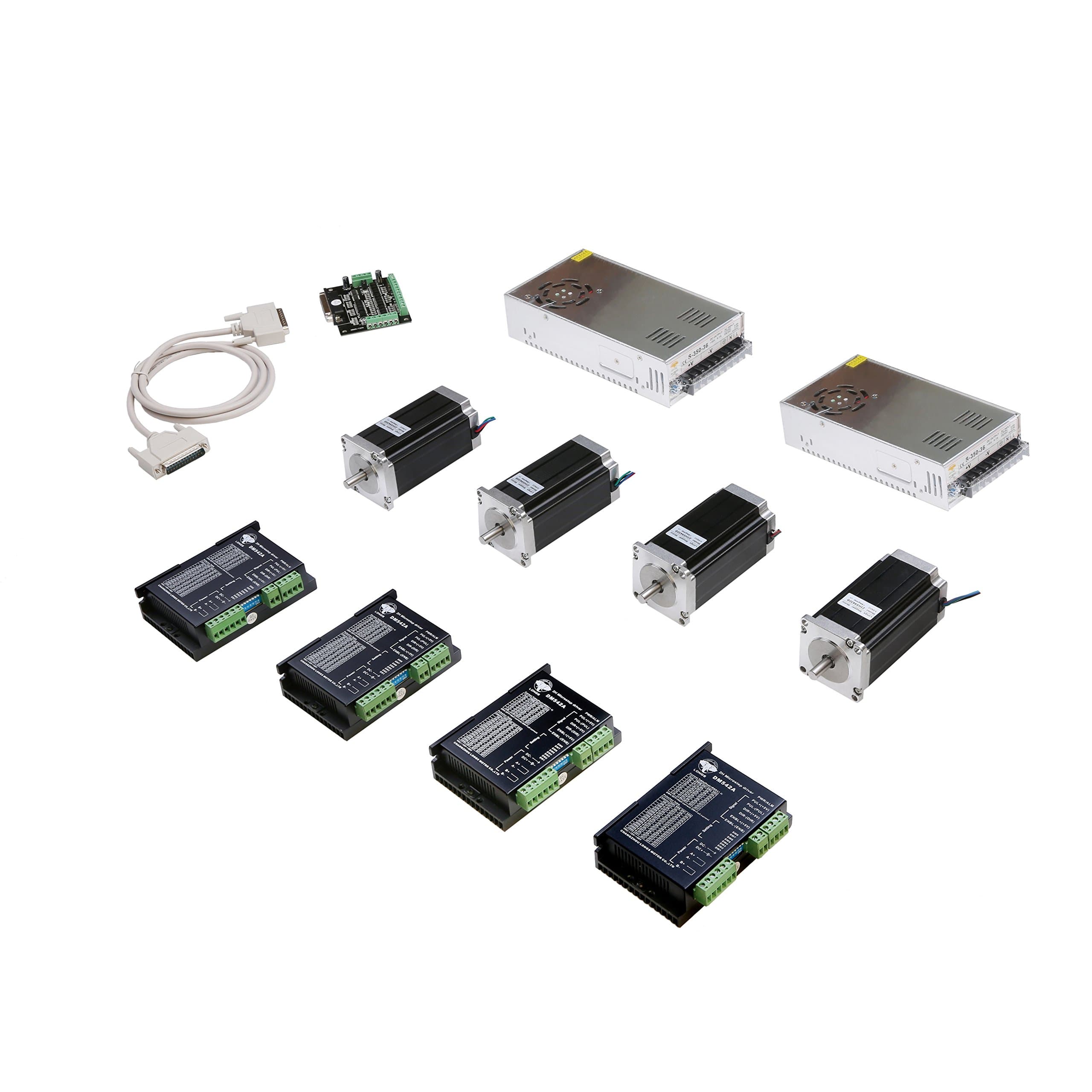 4 Axis Nema 23 Stepper Motor 23HS9430B dual sahft + Stepper Motor Diver 4.2A 18-50VDC Peak +350W Power Supply 36VDC/9.7A with 1 Breakout Board and Parallel Cable