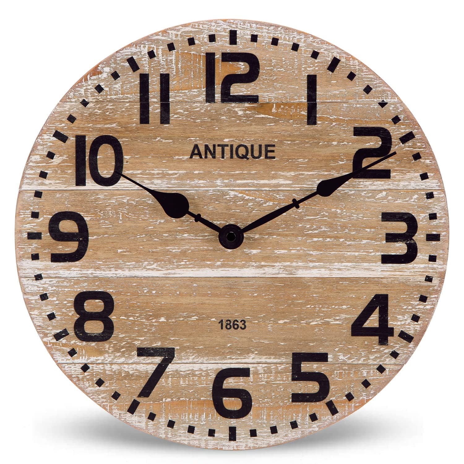 NIKKY HOME Farmhouse Rustic Real Wood Wall Clock - 12 Inch Battery Operated Silent Non Ticking Distressed Wooden Shiplap Clock for Kitchen, Living Room, Bedroom, Office (Solid Wood)