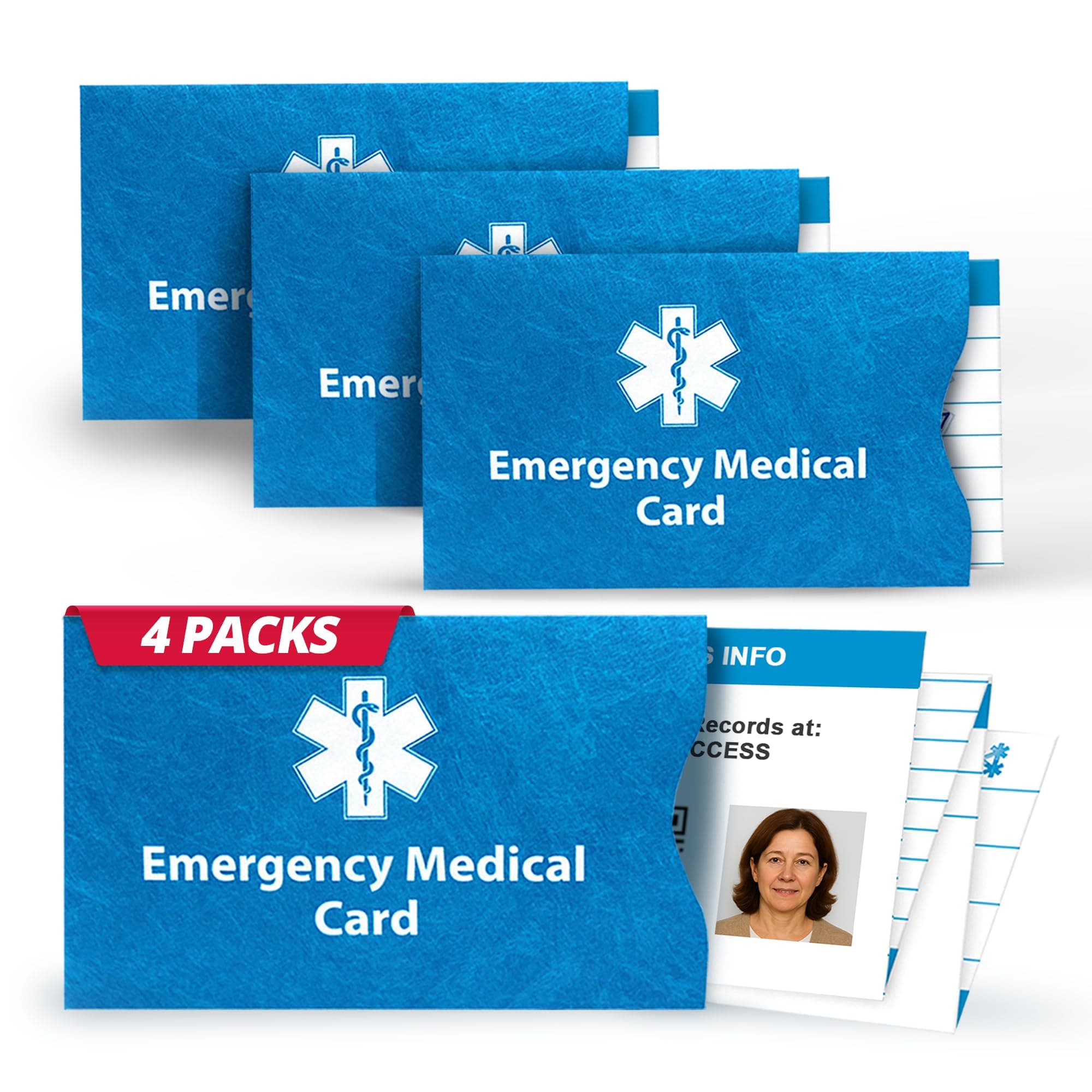 Emergency Medical Alert Informations ID Wallet Cards with Protective Tyvek Sleeves – Recognizable Star of Life Symbol for First Responders, Pocket Size, Pack of 4