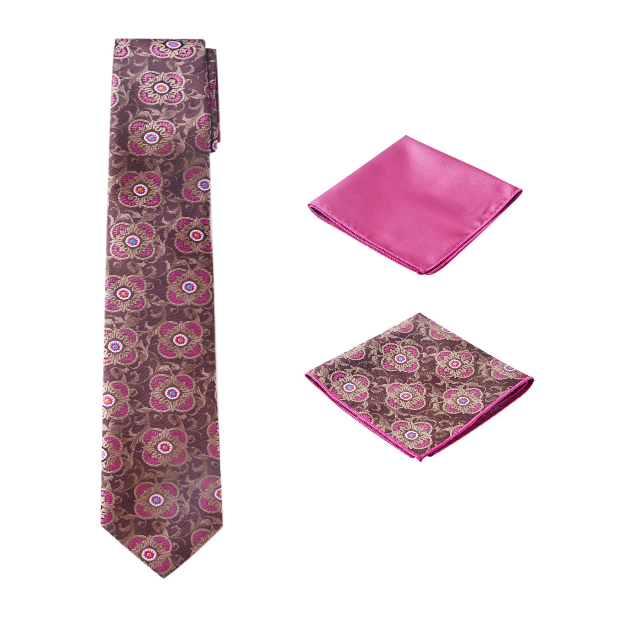 Men's Woven Medallion Regular Length Neck Tie with 2 Handkerchief Pocket Squares Hanky Set - Brown Fuchsia Pink