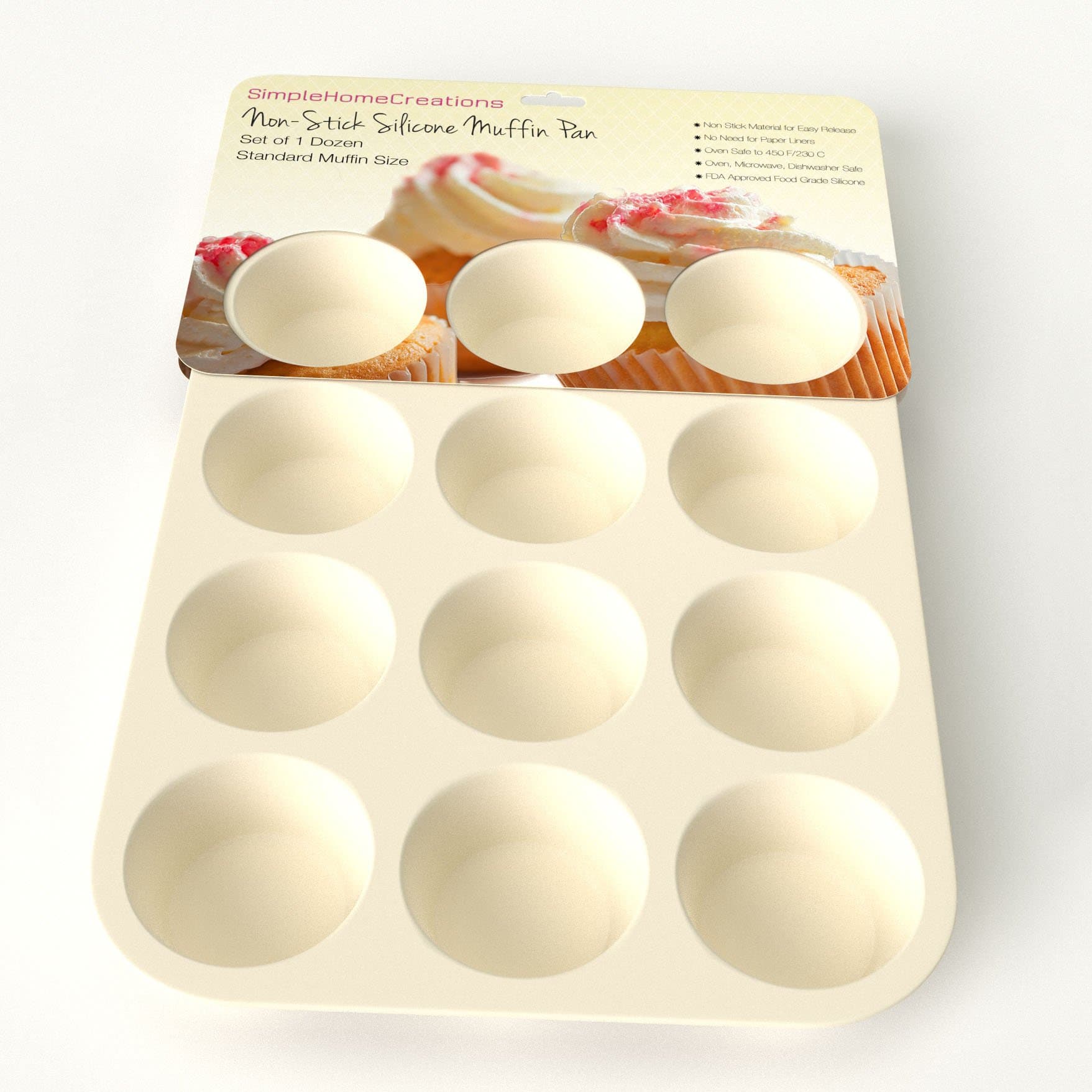 Simple Home Creations Nonstick Silicone Muffin Pan 12 Standard Cup Size Single Tray Cream White