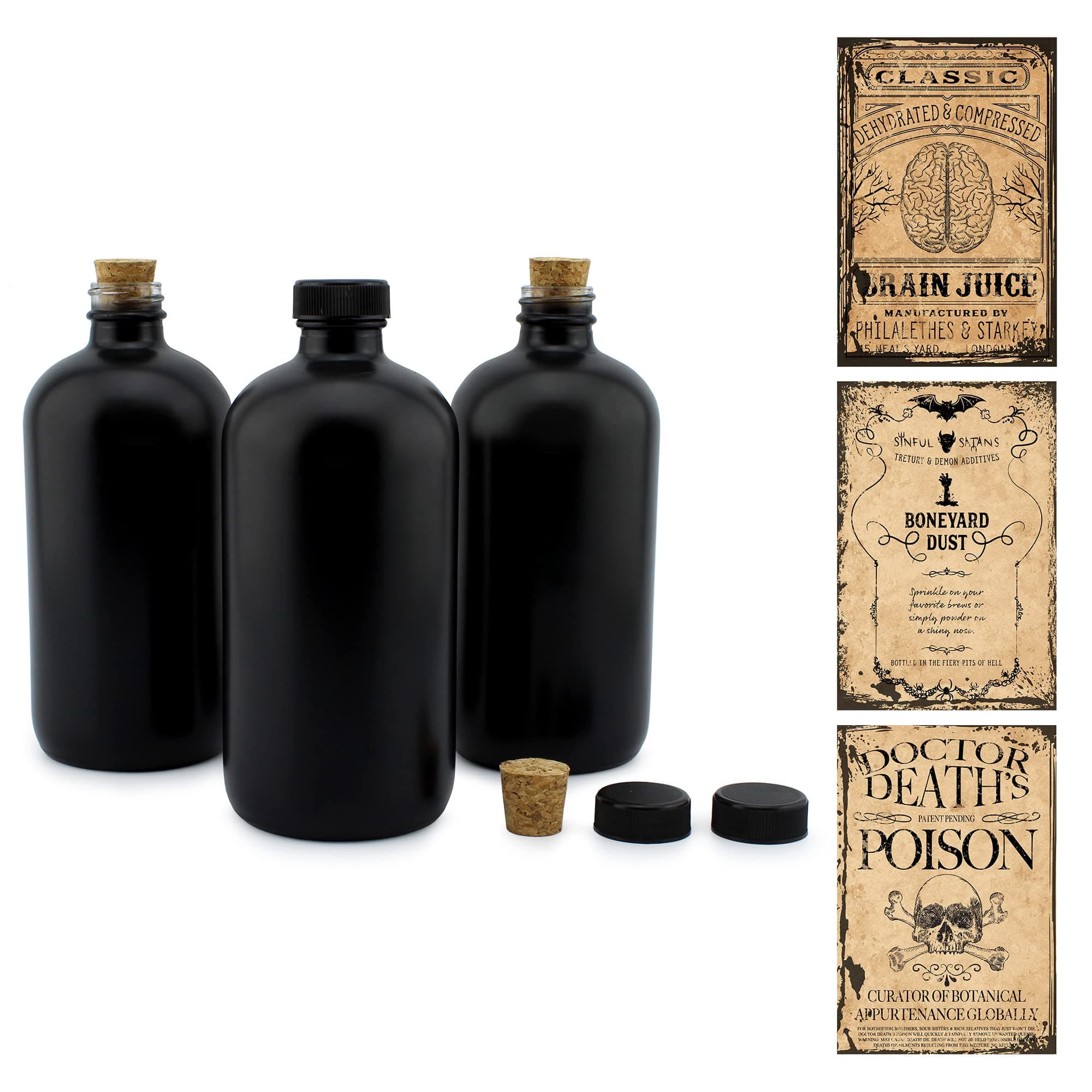 Cornucopia Brands Black 16-Ounce Glass Apothecary Bottles (3-Pack); Boston Round Bottles with Designer Labels Ideal for Aromatherapy, DIY, Herbal Treatments and Halloween, Matte Black Coated Bottles