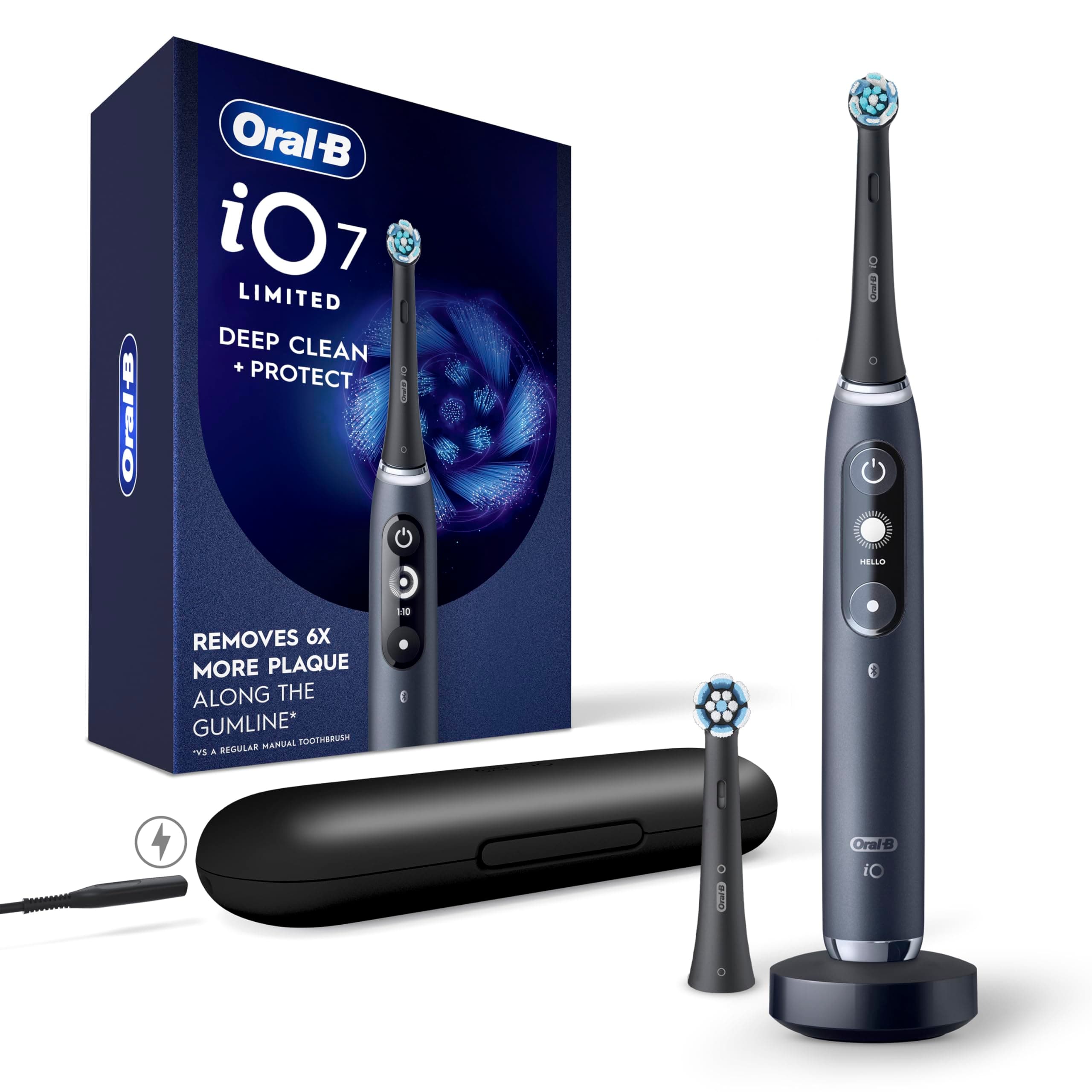 iO Deep Clean + Protect Rechargeable Electric Toothbrush, Black, iO Series 7, 2 Replacement Brush Heads, Charging Travel Case (package may vary)