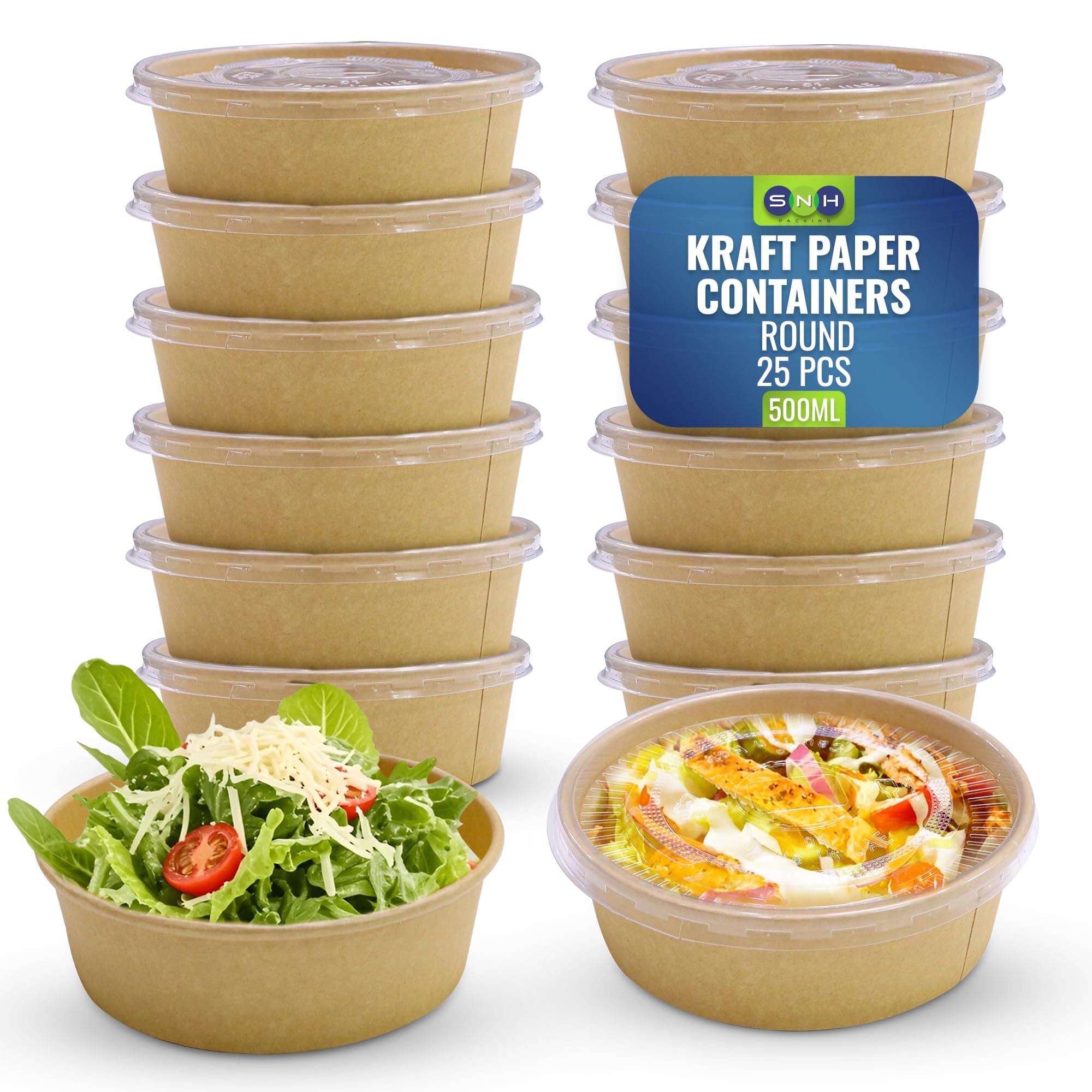 SNH Packing 25-Pack Eco Friendly Kraft Salad Bowl Bio Disposable 500ml Dishes Soup Bowl Brown With Lid -Compostable Brown Paper Soup & Salad Bowls