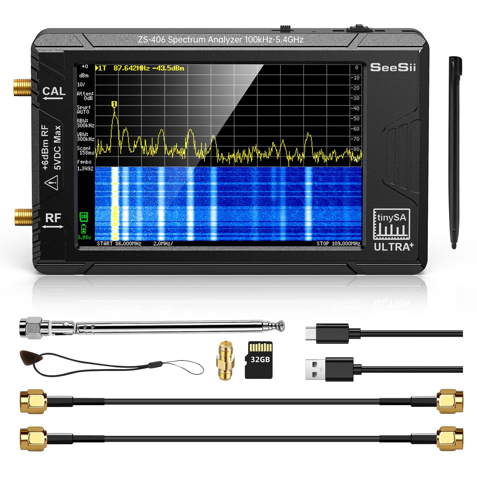 SeeSii TinySA Ultra+ ZS406 Spectrum Analyzer, 4.0 Inch 100kHz to 5.4GHz Handheld Tiny Frequency Analyzer with 32Gb Card, 2-in-1 Signal Generator MF/HF/VHF UHF Input,V0.4.6.1,2025 Upgraded