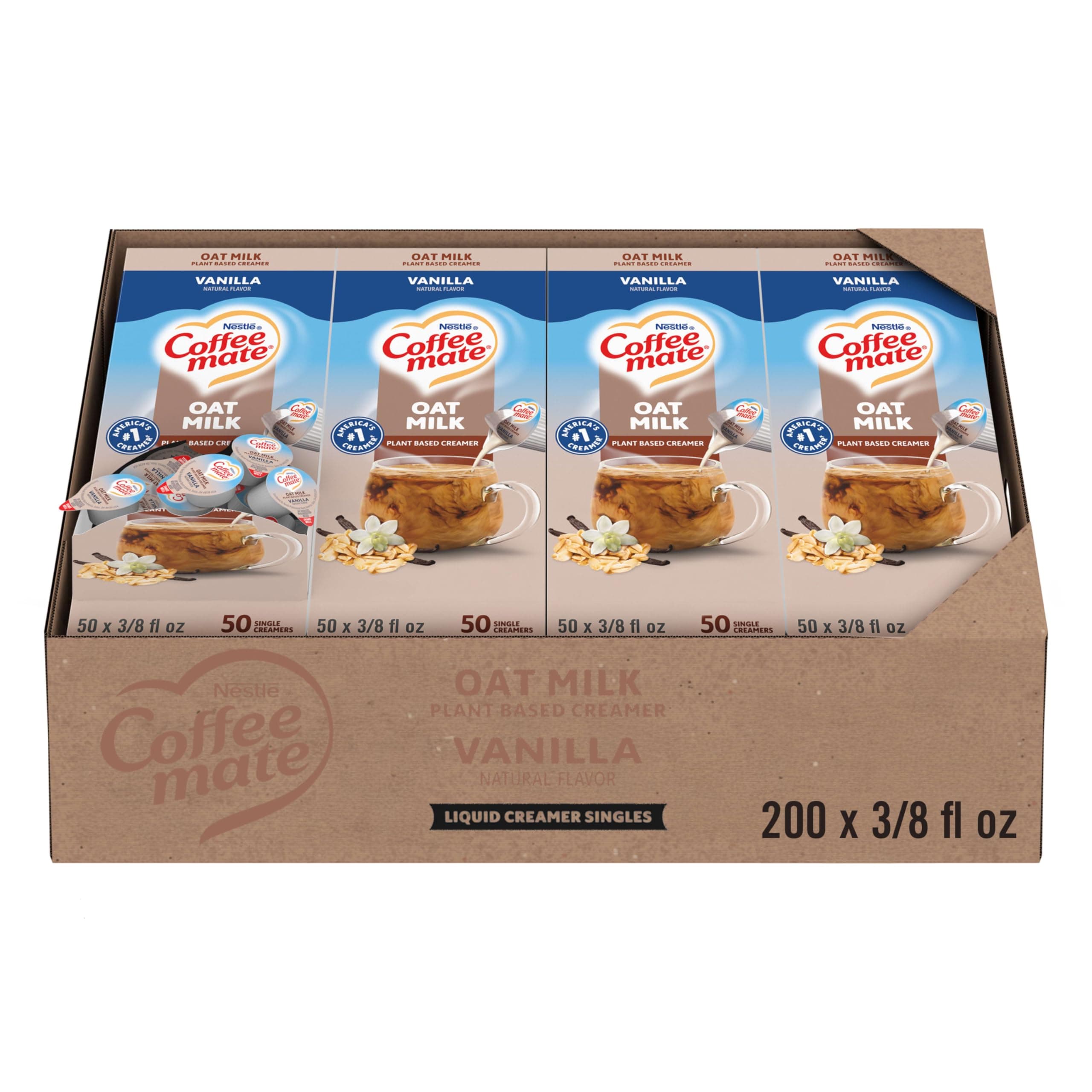 Nestle Coffee mate Coffee Creamer, Oat Milk, Vanilla Natural Flavor, Liquid Creamer Singles, Plant-Based, Non Dairy, No Refrigeration, 0.375 fl oz Tubs (Pack of 200)