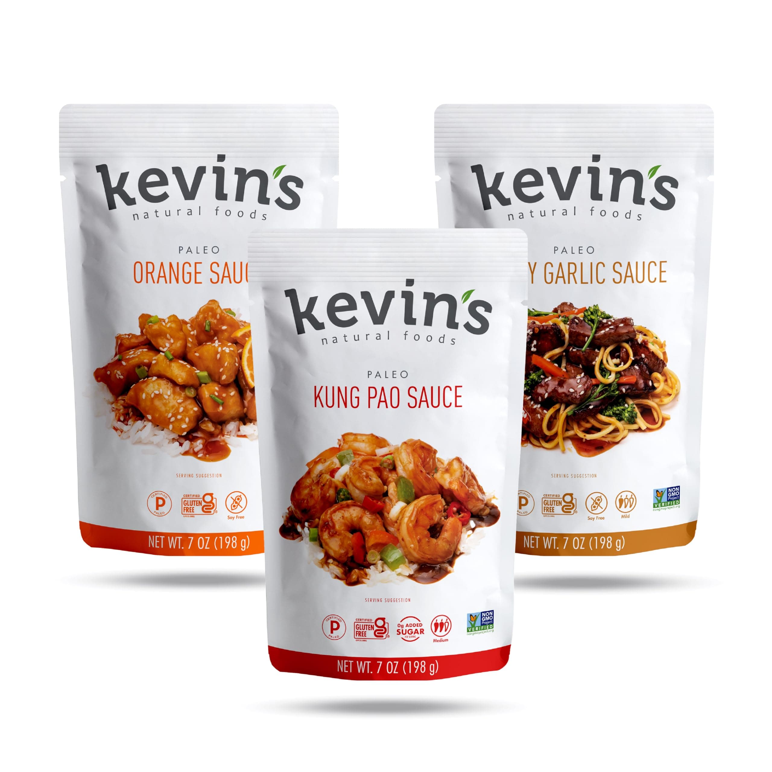 Kevin's Natural Foods Paleo Simmer Sauce Variety Pack - Stir-Fry Sauce, Gluten Free, No Preservatives, Non-GMO - 3 Pack (Orange/Kung Pao/Honey Garlic)