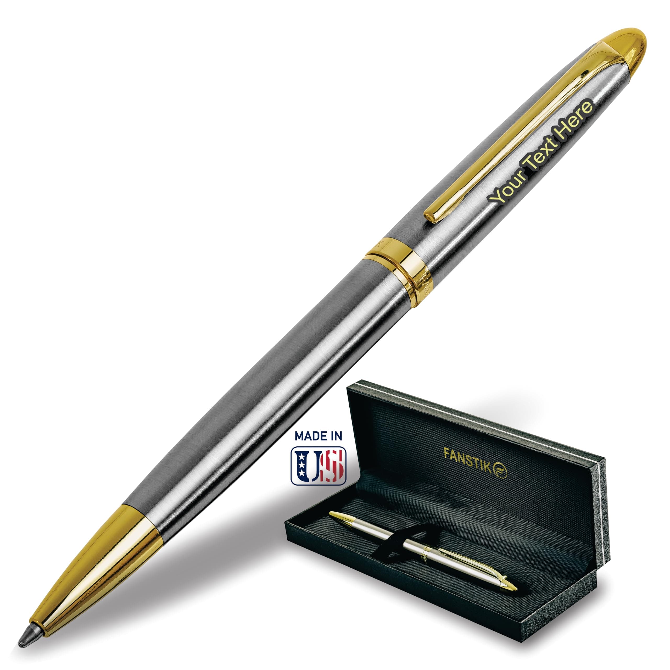 Customized BallPoint pen with name (MADE IN USA), stainless steel, Silver and gold, luxury engraved pen personalized for men and for women. (BallPoint Silver-Gold)