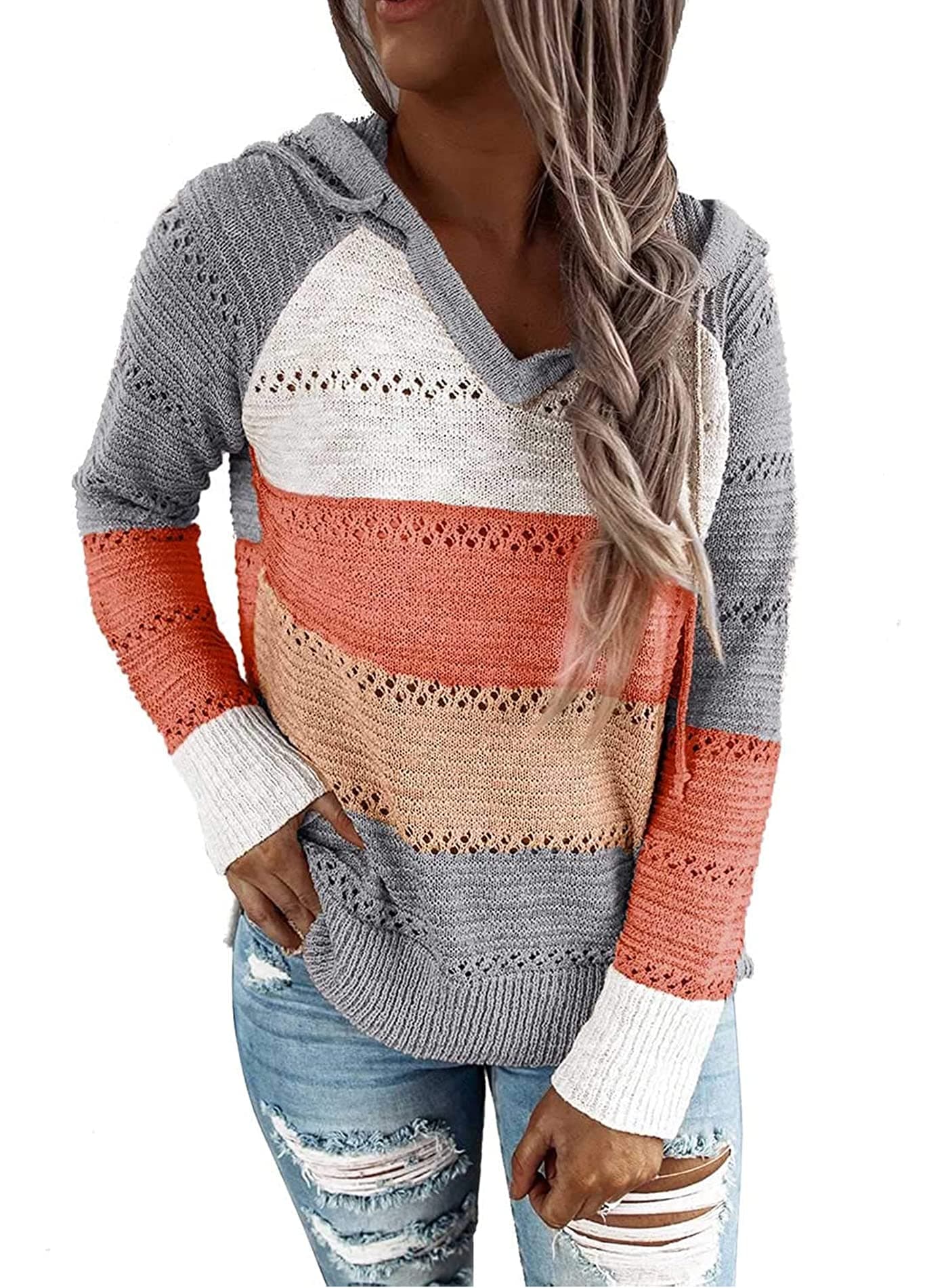 Besshopie Outdoor Outwear, Women's Autumn Color Block Striped Hoodies Long Sleeve Fall Pullover Sweatshirts Orange Small