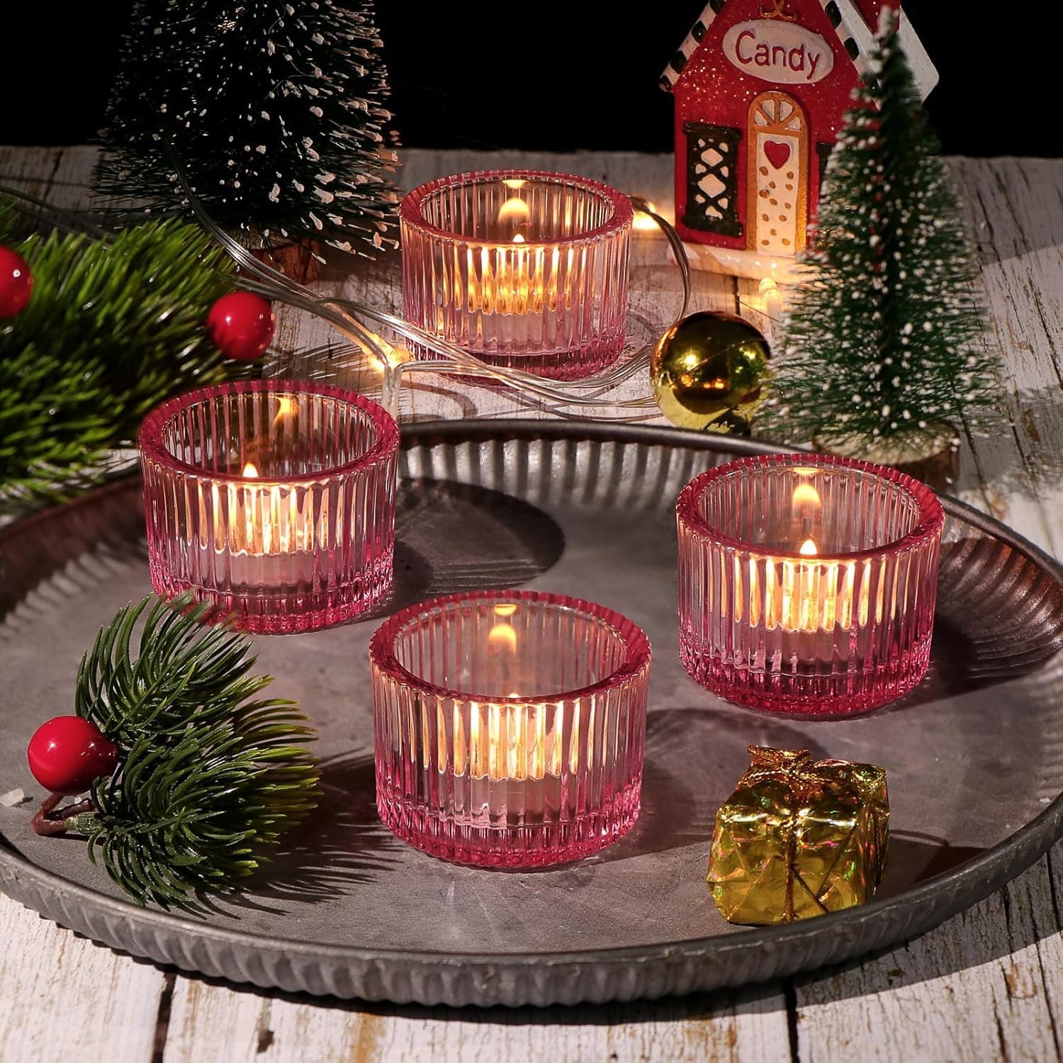 Mahganya Set of 6 Votive Glass Tealight Candle Holders - Christmas Decorations Items for Home D�cor Living Room Bedroom Dining Table Christmas and Diwali Gifts Multi Color (Pink2)