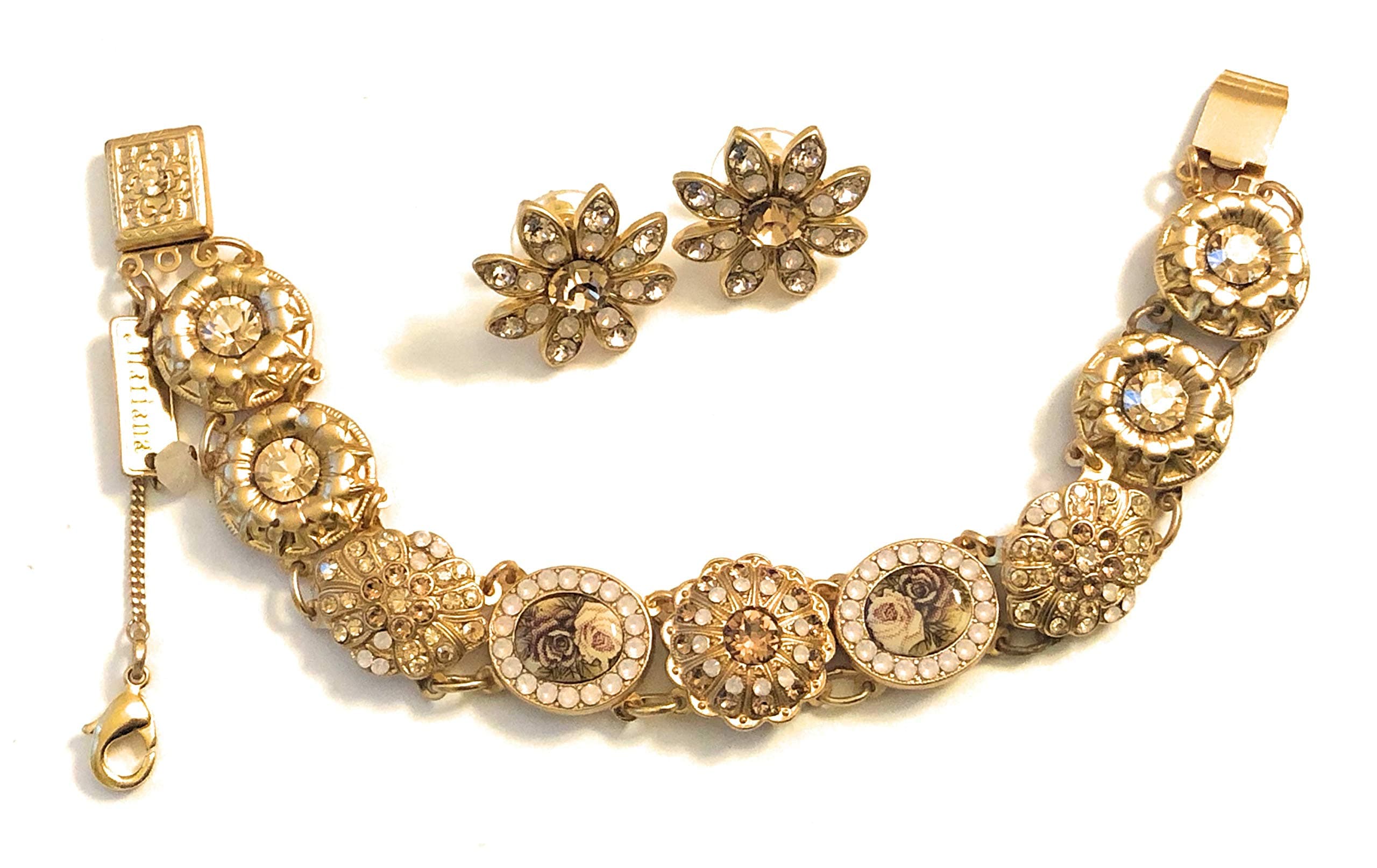 Mariana Yellow Gold Plated Austrian Crystal Link Flower Bracelet and Earrings Set