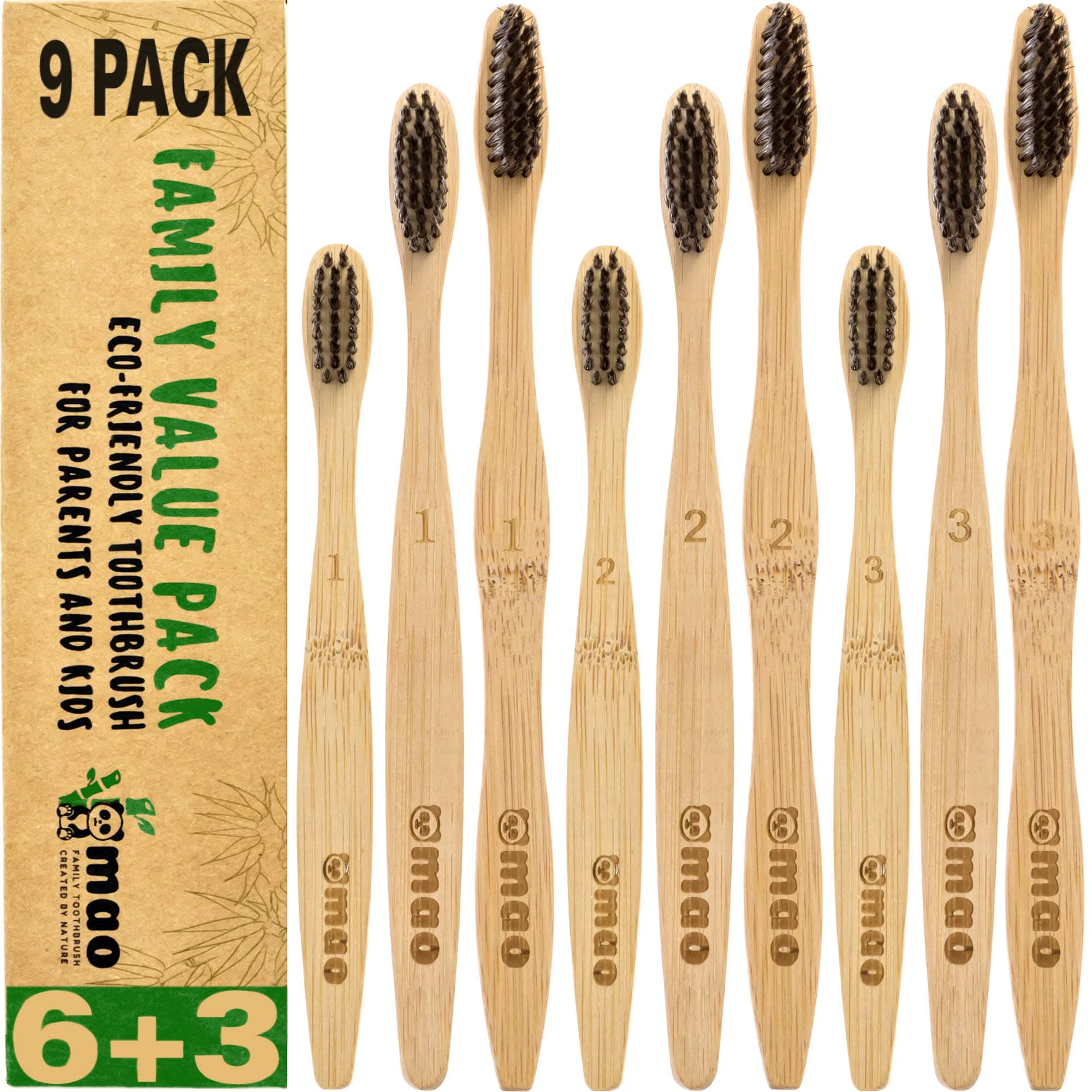 9 Pack Mao Bamboo Toothbrushes for Kids and Adults | The Ultimate Natural and Organic Wood Toothbrush For Your Family | Comes in 3 Sizes with Eco-Friendly Charcoal Medium Bristles, Sustainable Living 2019