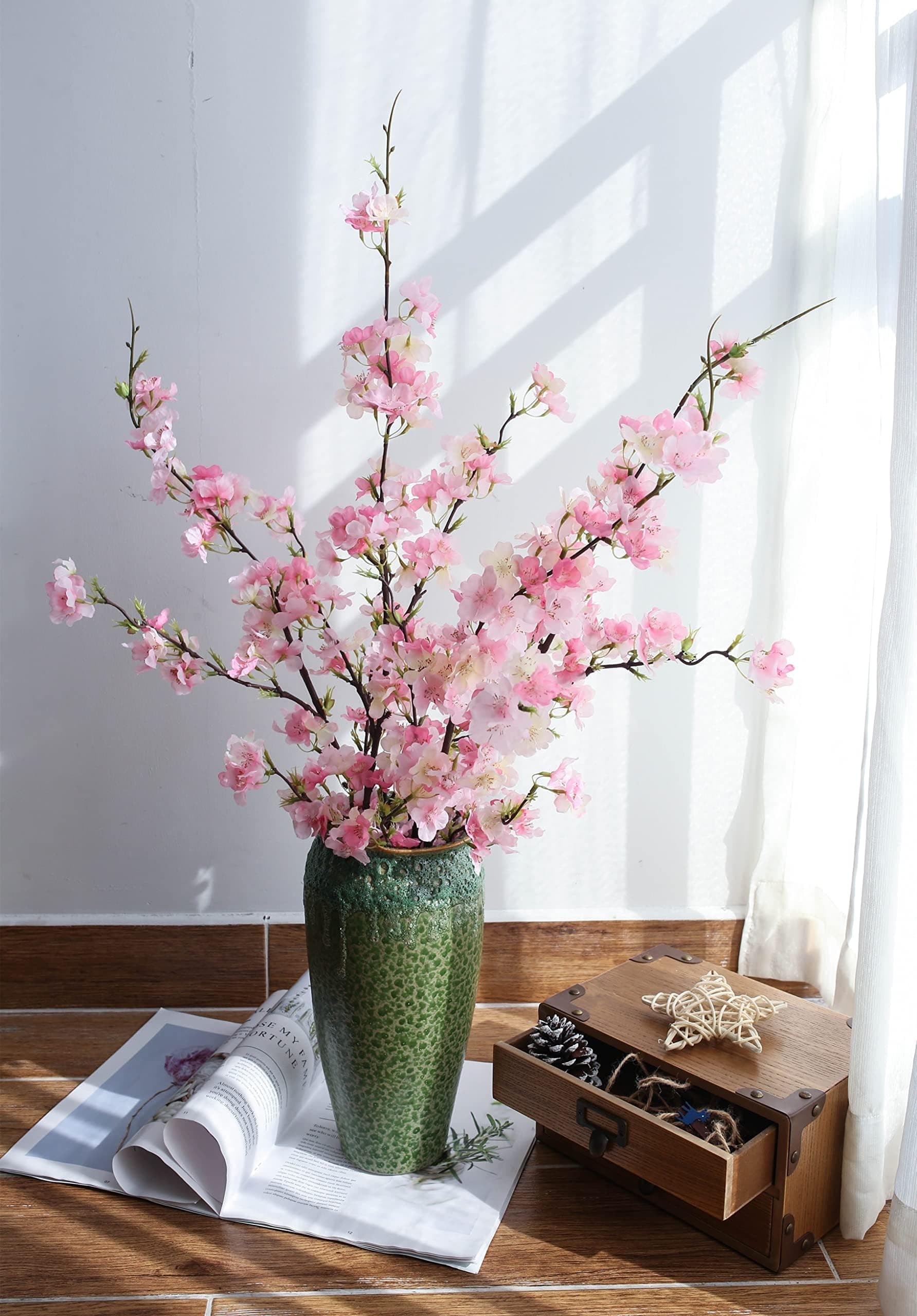 Artificial Flowers Cherry Blossom Branches Fake Flowers, Cherry Blossom Decor Pink Cherry Blossom Flowers Artificial Tree 40 inches 4PCS for Home Dining Decor Floor vase