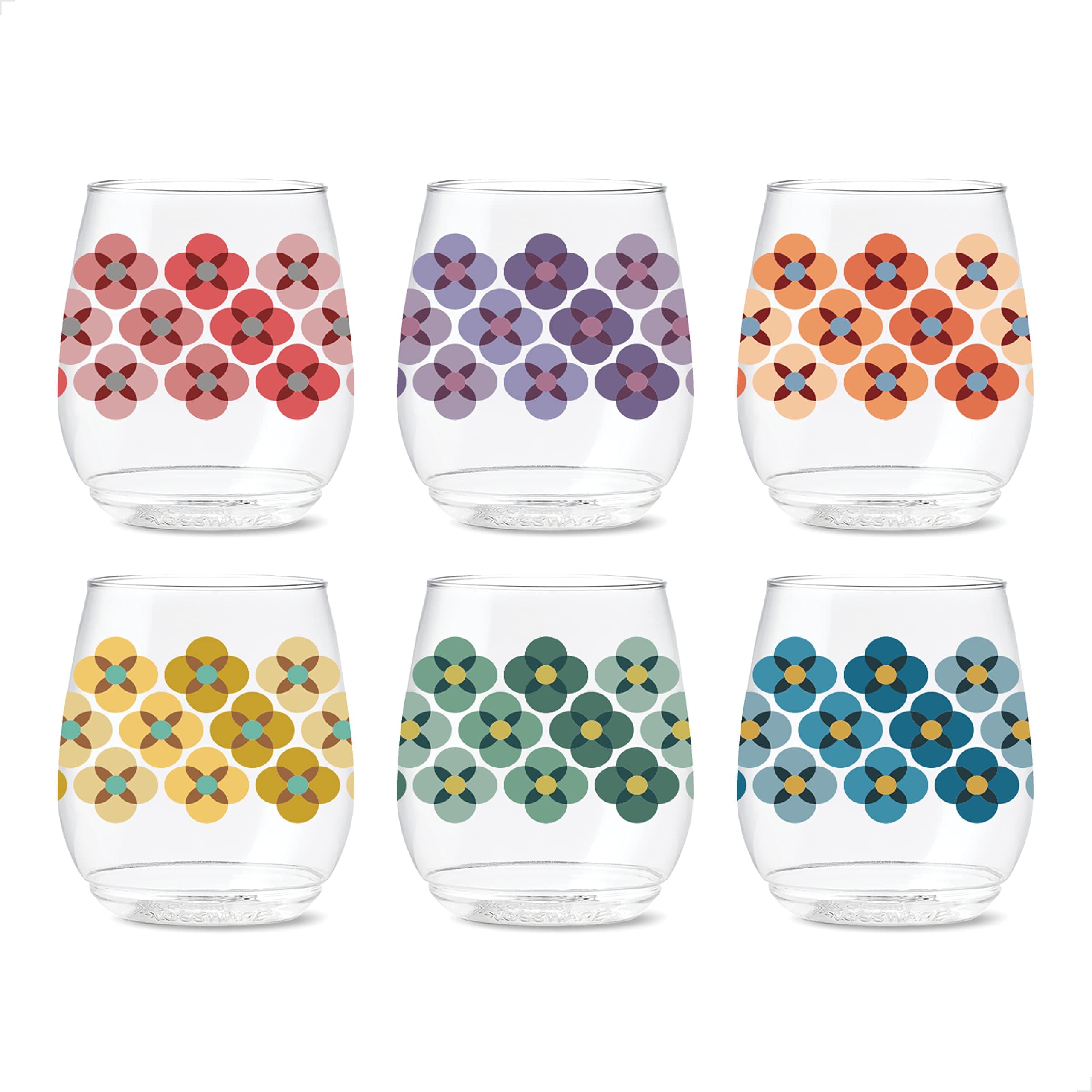 TOSSWAREPOP 14oz Vino Designer Series - Shapes 1, SET OF 6, Premium Quality, Recyclable, Unbreakable & Crystal Clear Plastic Printed Glasses