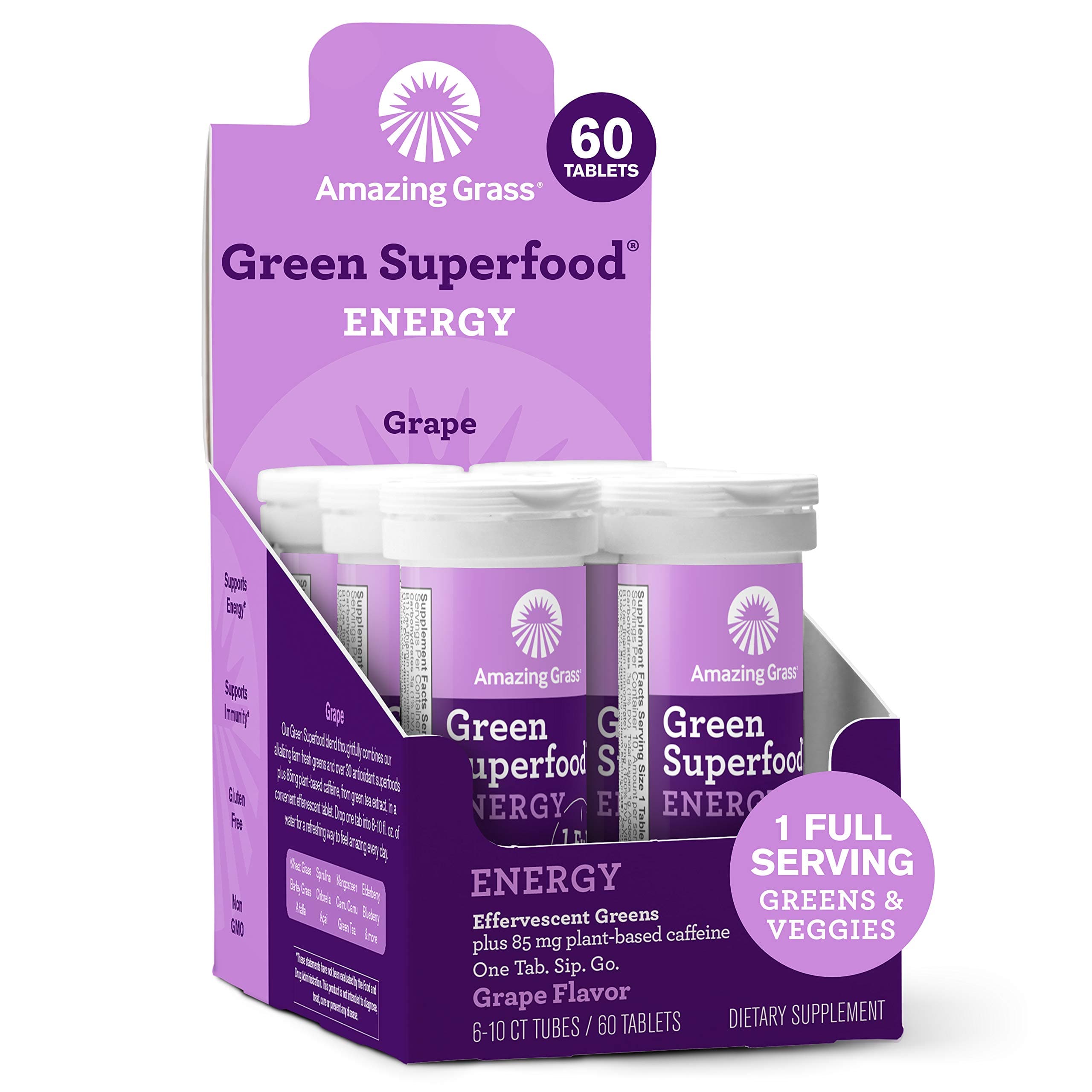 Amazing GrassEffervescent Energy Tablets: Greens + Green Tea Caffeine, Water Flavoring Tablet with Antioxidants, Nootropics Support, Grape, 10 Count, Box Of 6