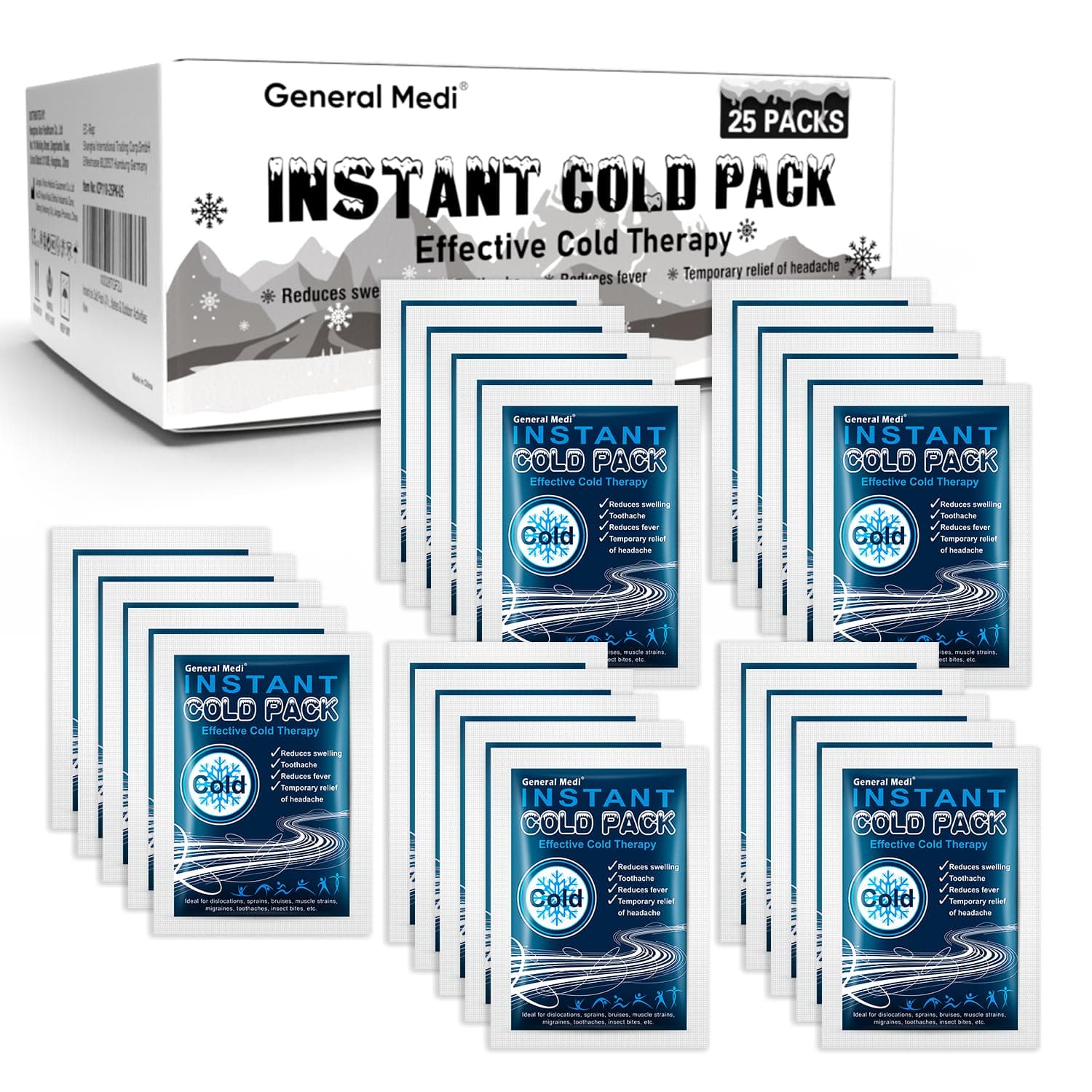 Instant Cold Pack (10x14cm) – Set of 25 Disposable Cold Therapy Packs for Pain Relief, Swelling, Inflammation, Sprains, Strained Muscles, Toothache – for Athletes & Outdoor Activities