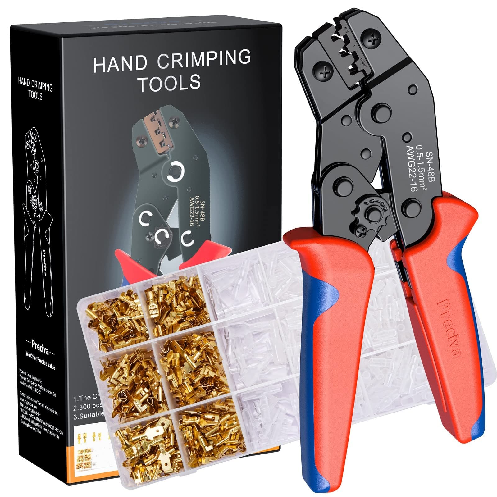 Crimping Tool Kit for Spade Connectors, Preciva Ratchet Cable Crimper Plier 0.5-1.5mm²/AWG22-16, Electrical Flat Receptacles Plier, Wire Crimping Tool with 600pcs Brass Lug Set(Crimping Tool Set)