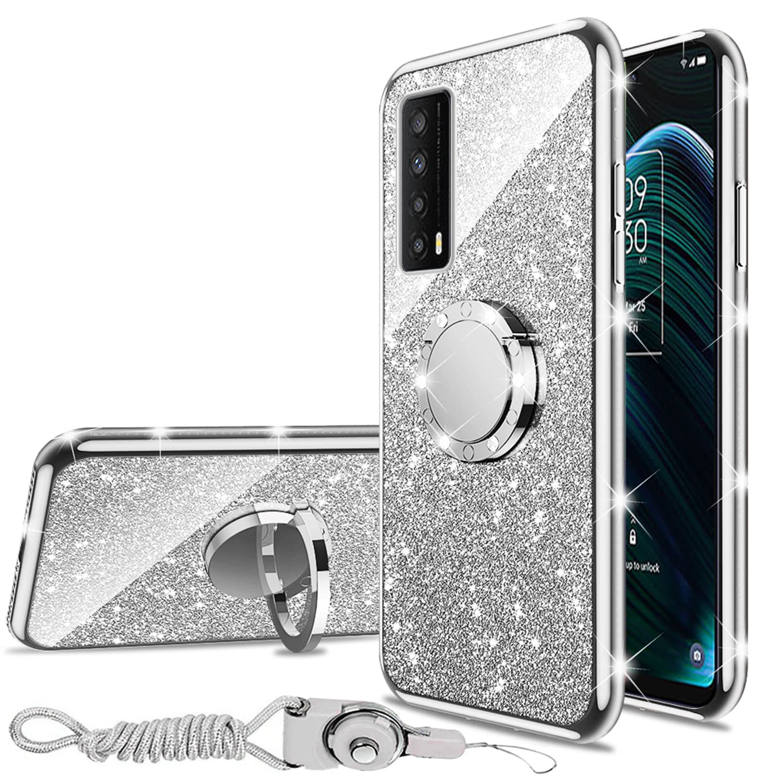 Case for TCL Stylus 5G (T779W), TCL Stylus 5G 2022 6.8" Case with Kickstand Lanyard Bumper Shockproof Full Body Protection Phone Case Cute Soft TPU Glitter Cover for Girls Women Men - Silver