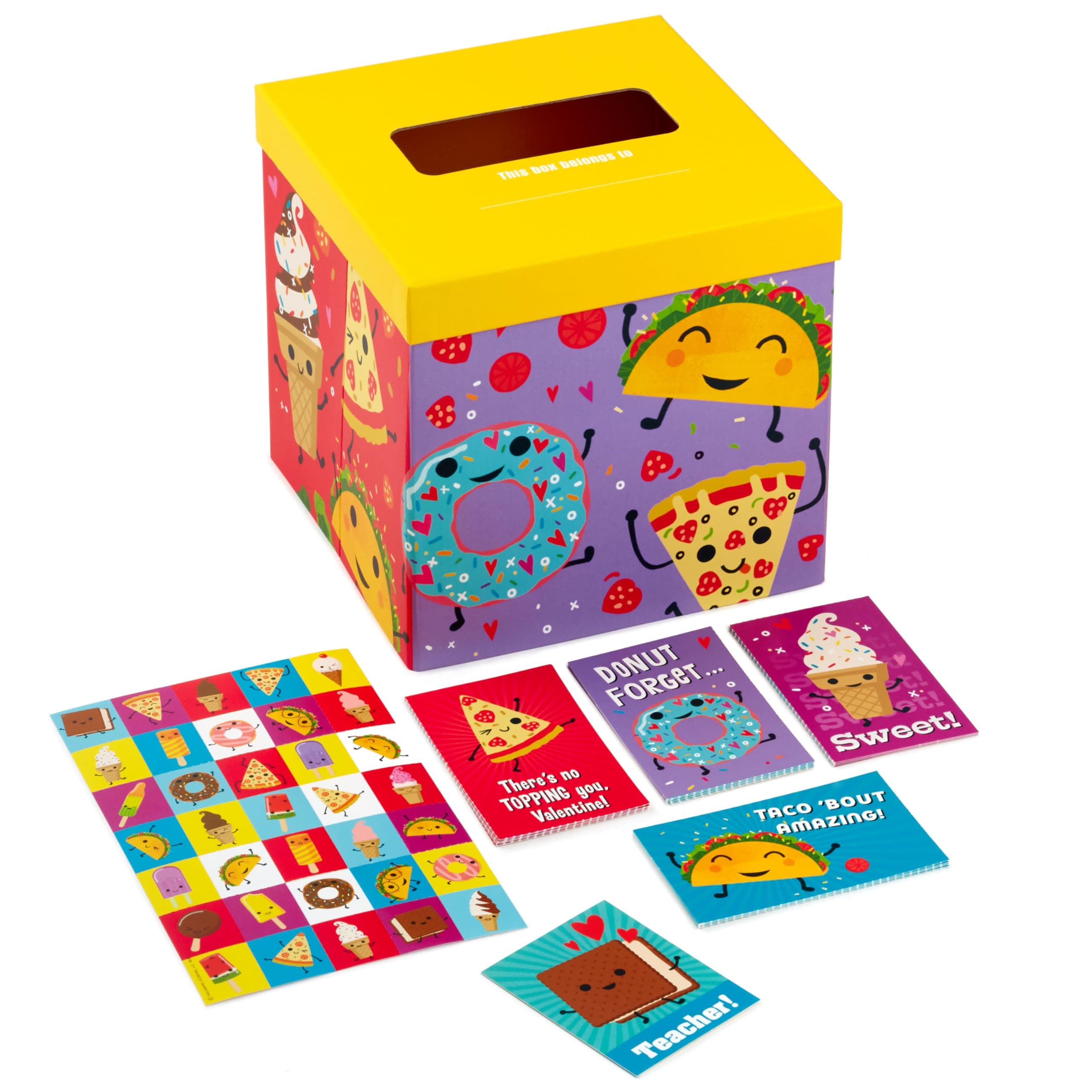 Valentines Day Cards and Mailbox for Kids School Classroom Exchange, Punny Foods (1 Box, 32 Valentine Cards, 35 Stickers, 1 Teacher Card)