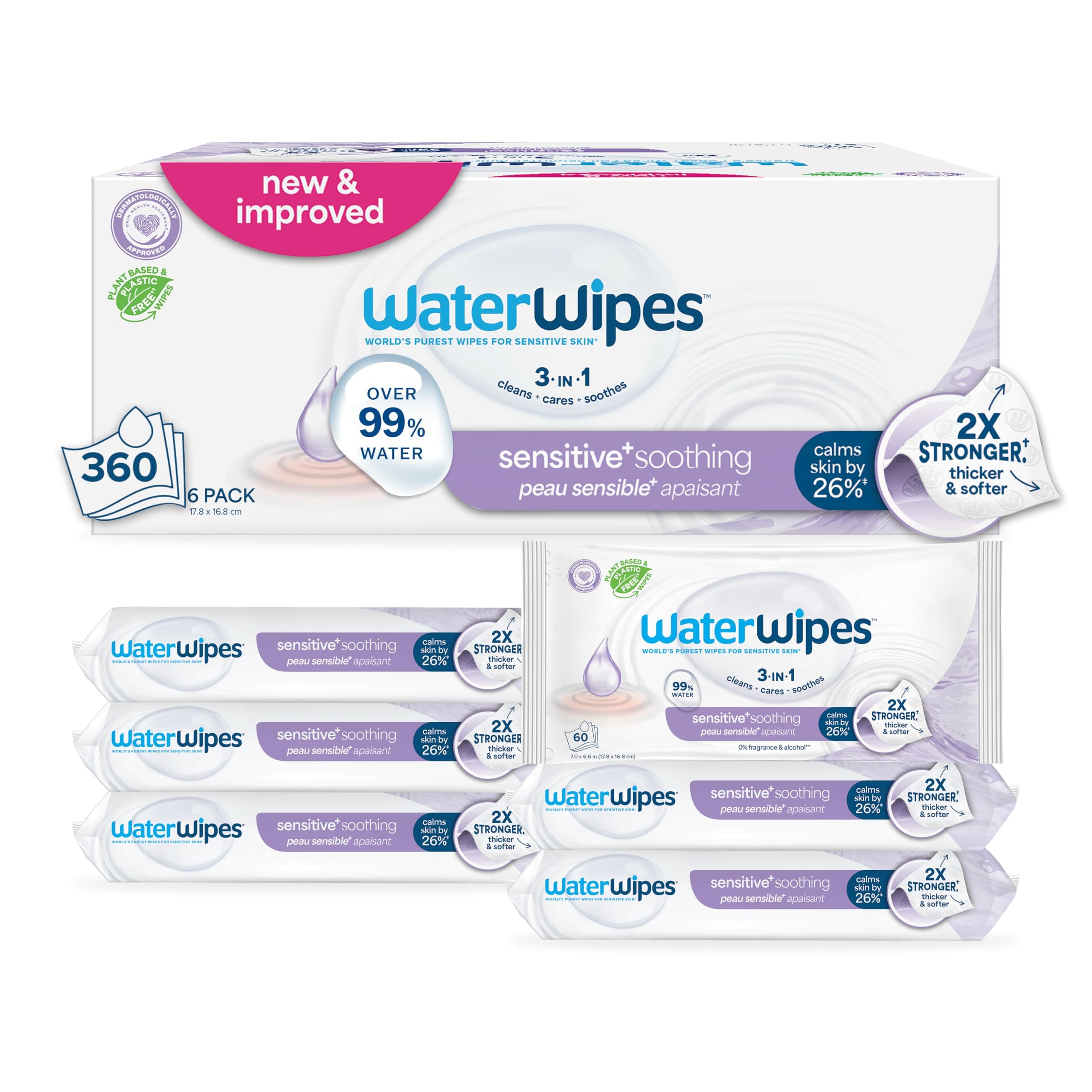 WaterWipes Plastic-Free Soothing Clean 99% Water Based Botanical Baby Wipes, Unscented & Hypoallergenic for Sensitive Skin, 6 Resealable Packs (360 Wipes)
